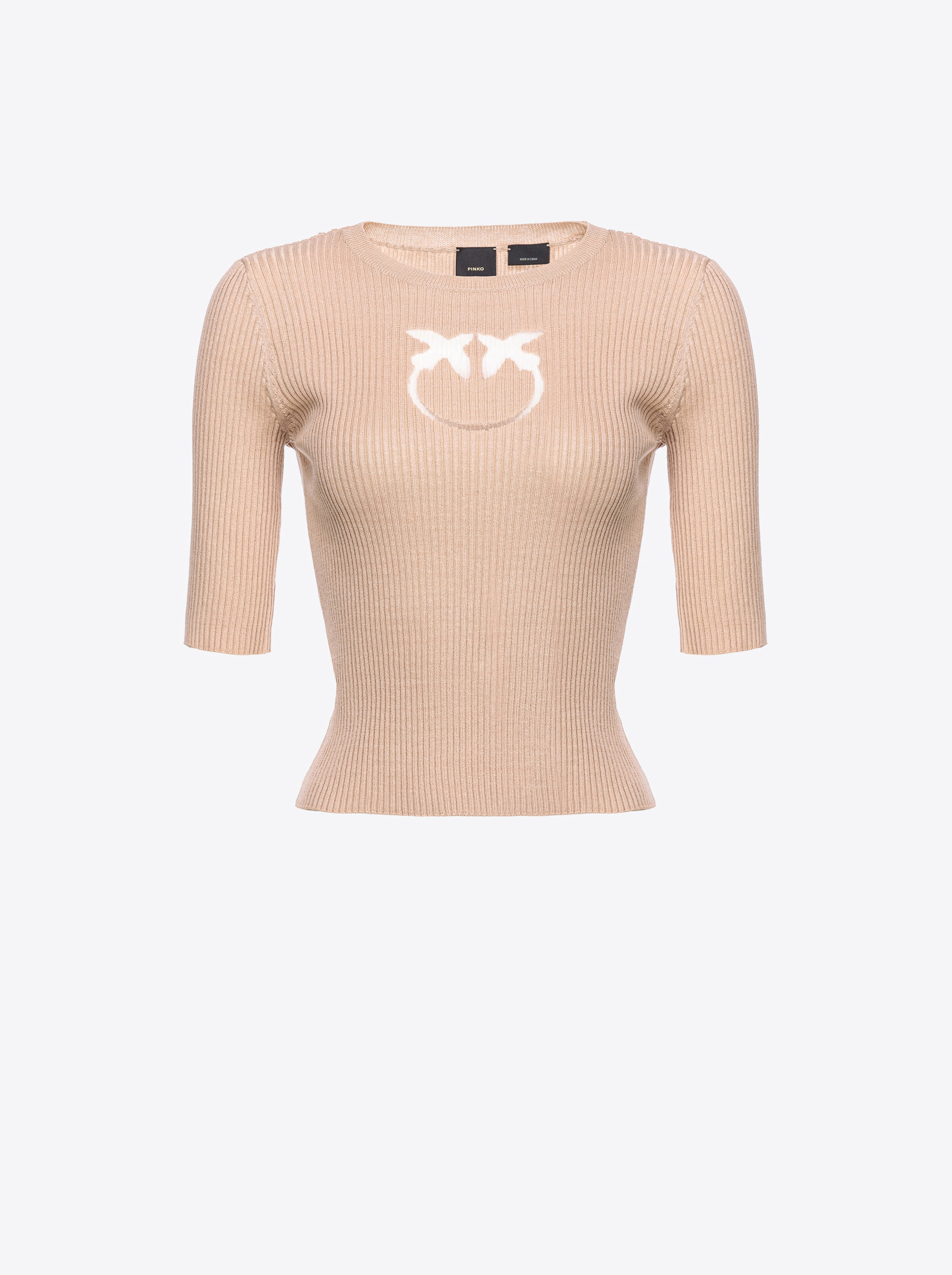 Shop Pinko Ribbed Sweater With Transparent Love Birds Logo In Beige-chamois