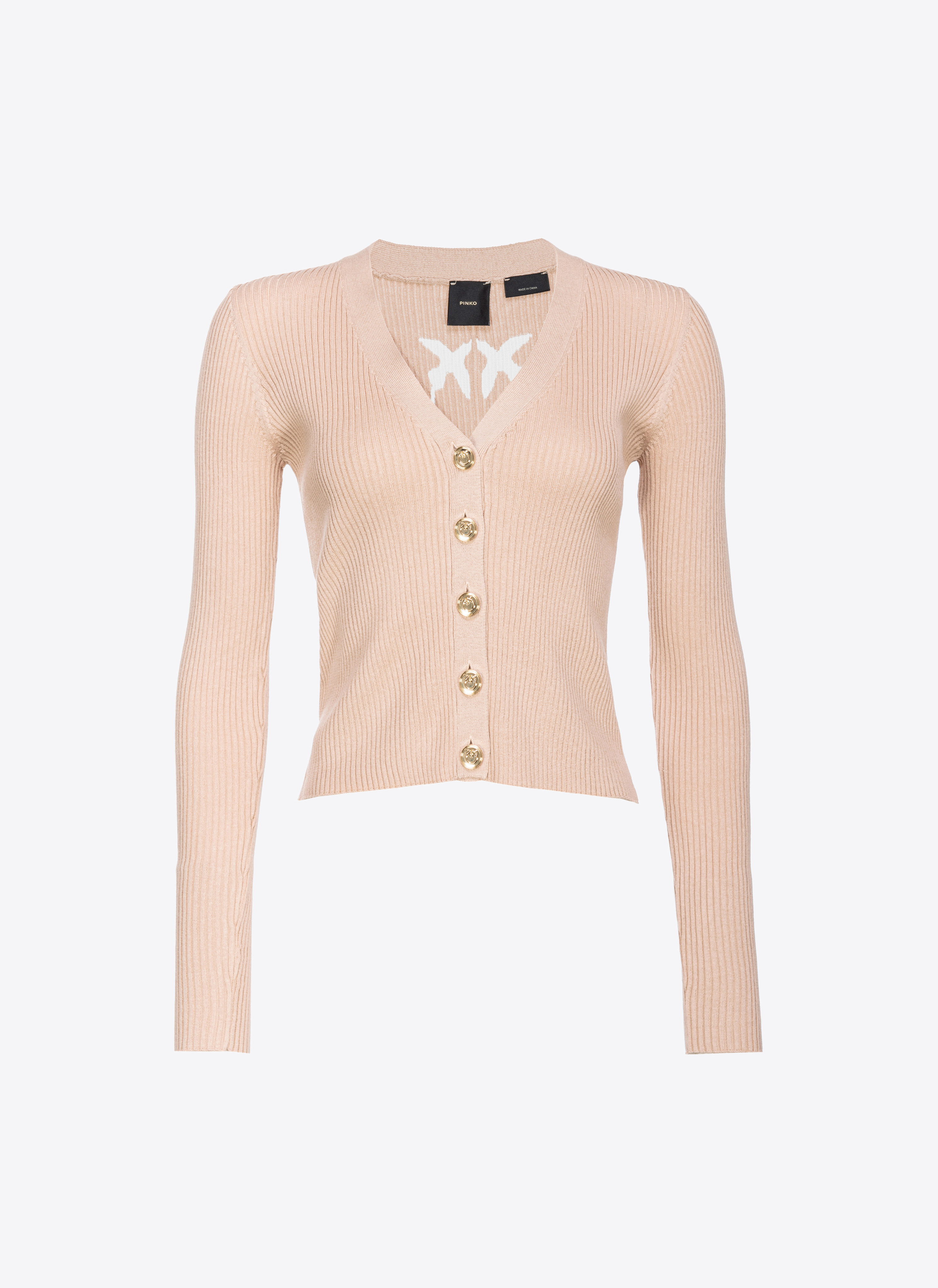 Shop Pinko Ribbed Cardigan With Transparent Love Birds Logo In Beige-chamois