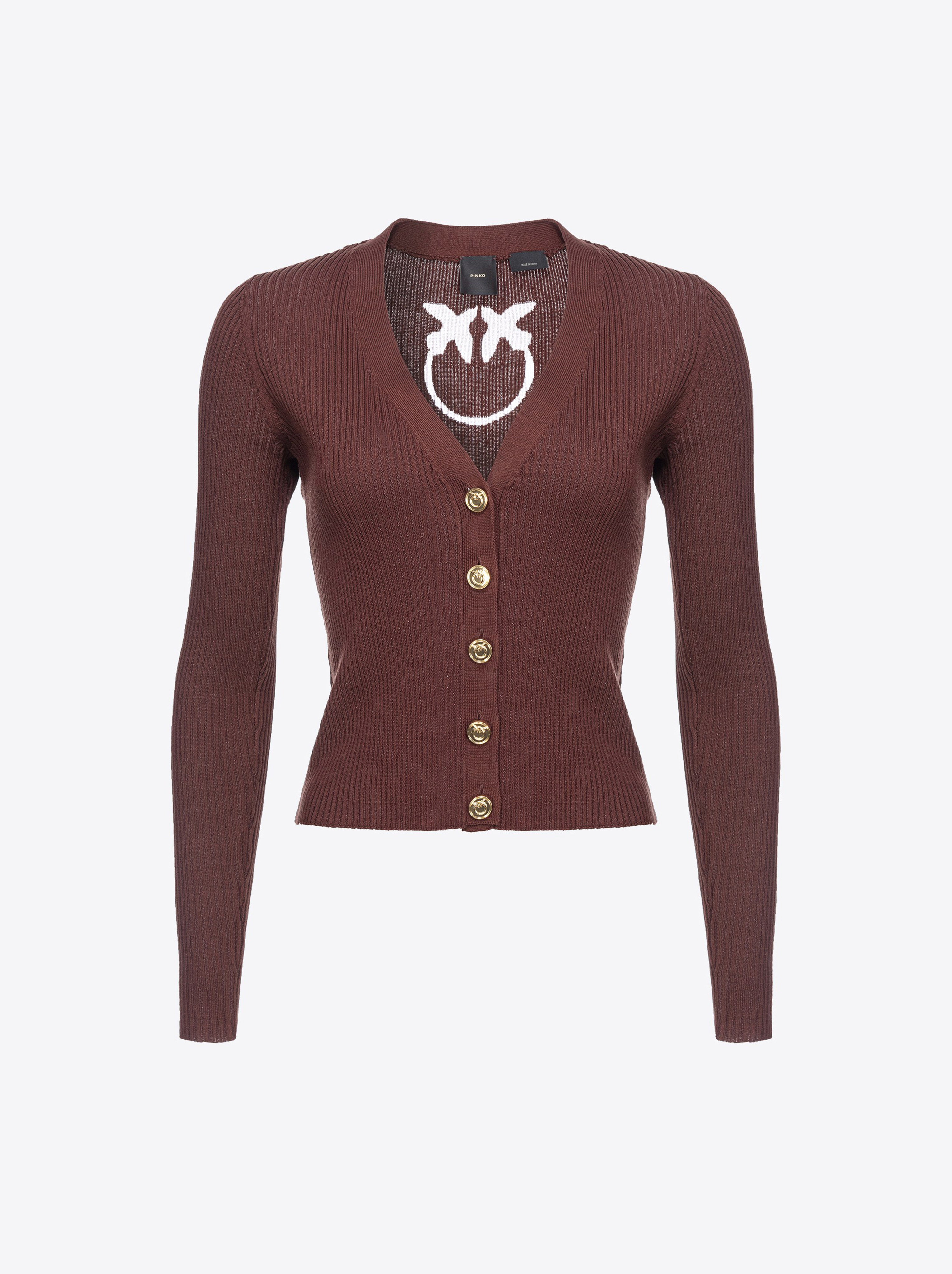 Pinko Ribbed Cardigan With Transparent Love Birds Logo In Chestnut Brown