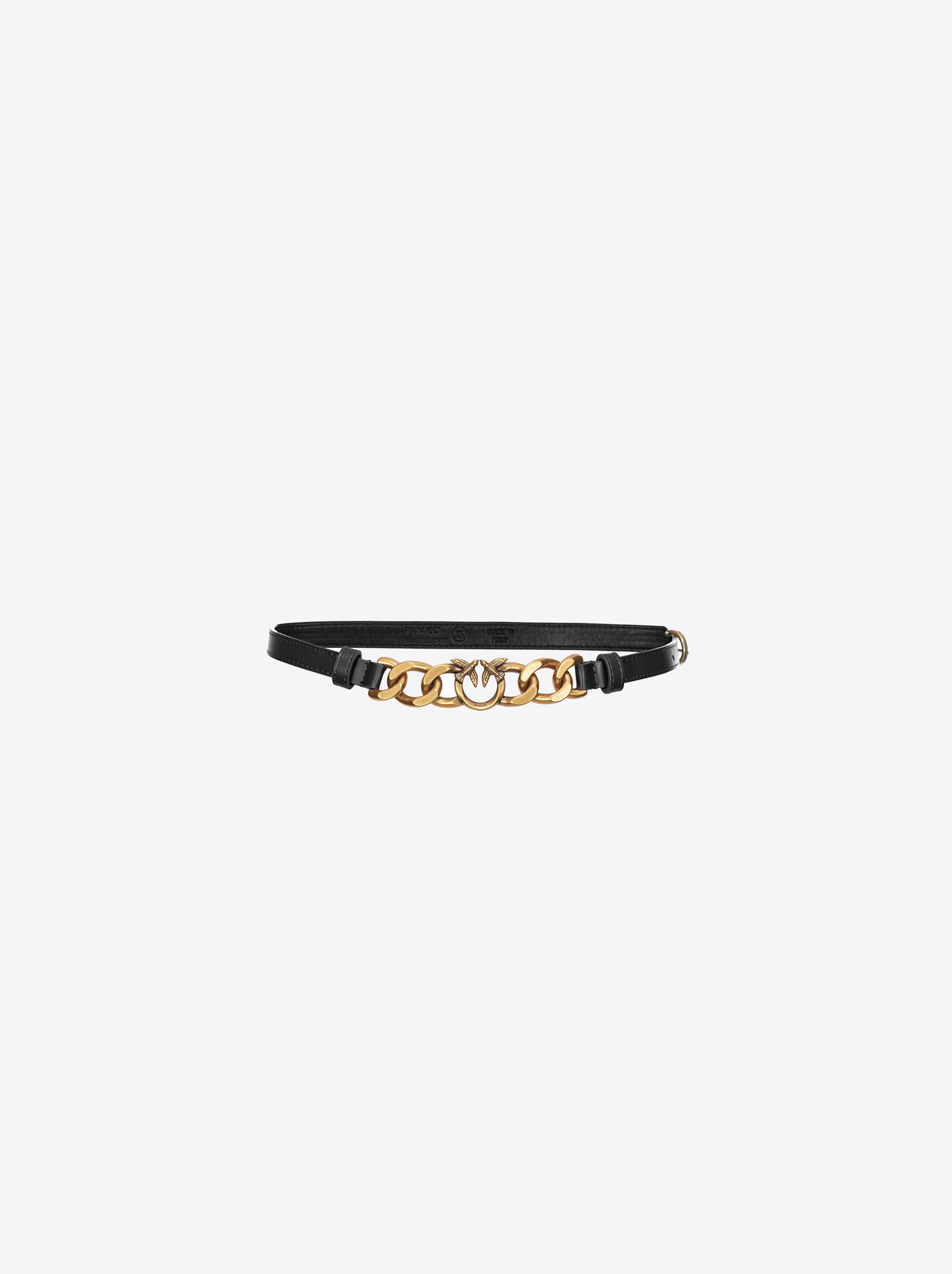 Pinko Love Birds Leather Belt In Black-antique Gold