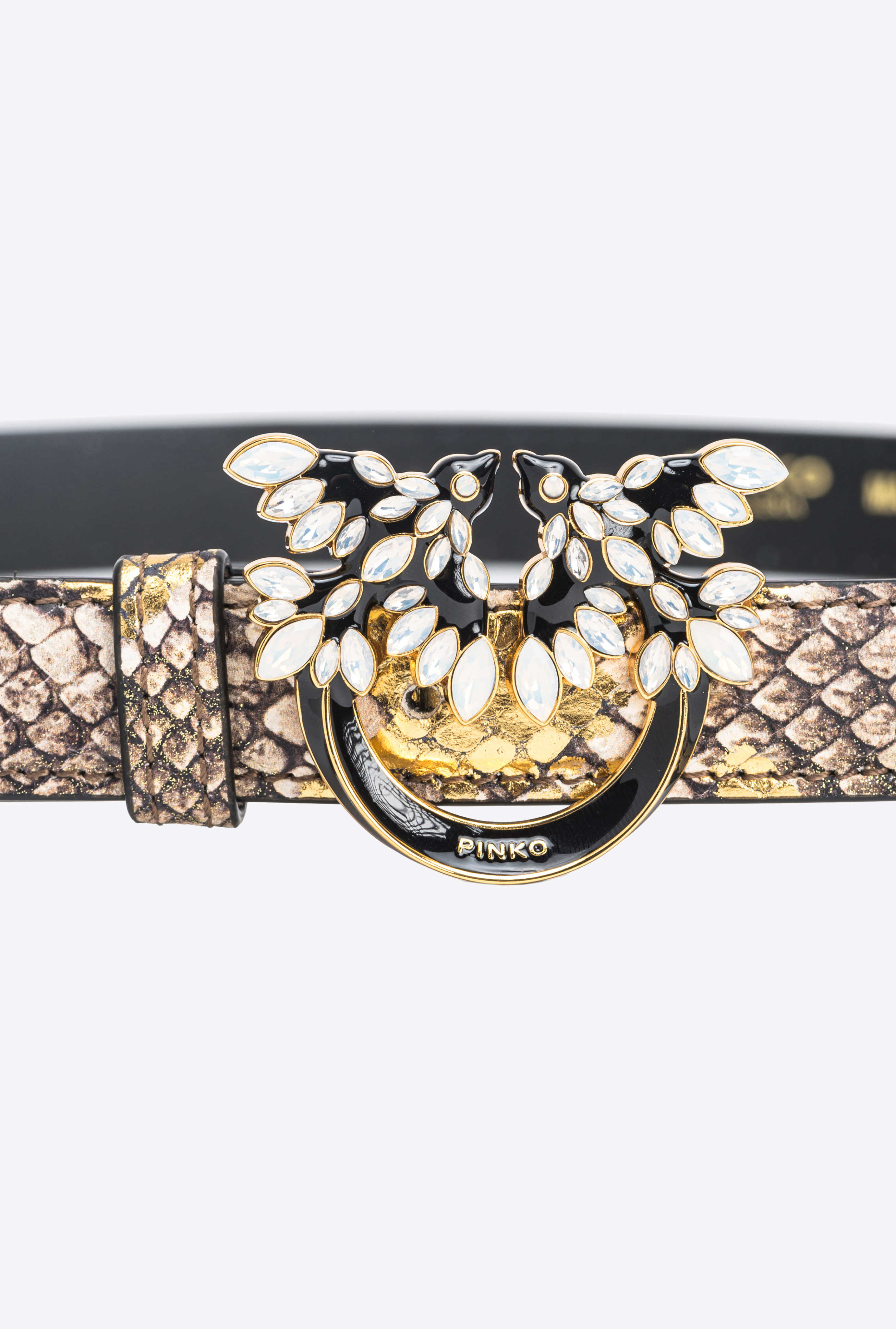 Pinko Galleria Thin 2cm Laminated Reptile-print Belt With Love Birds Buckle In Gold/grey-gold
