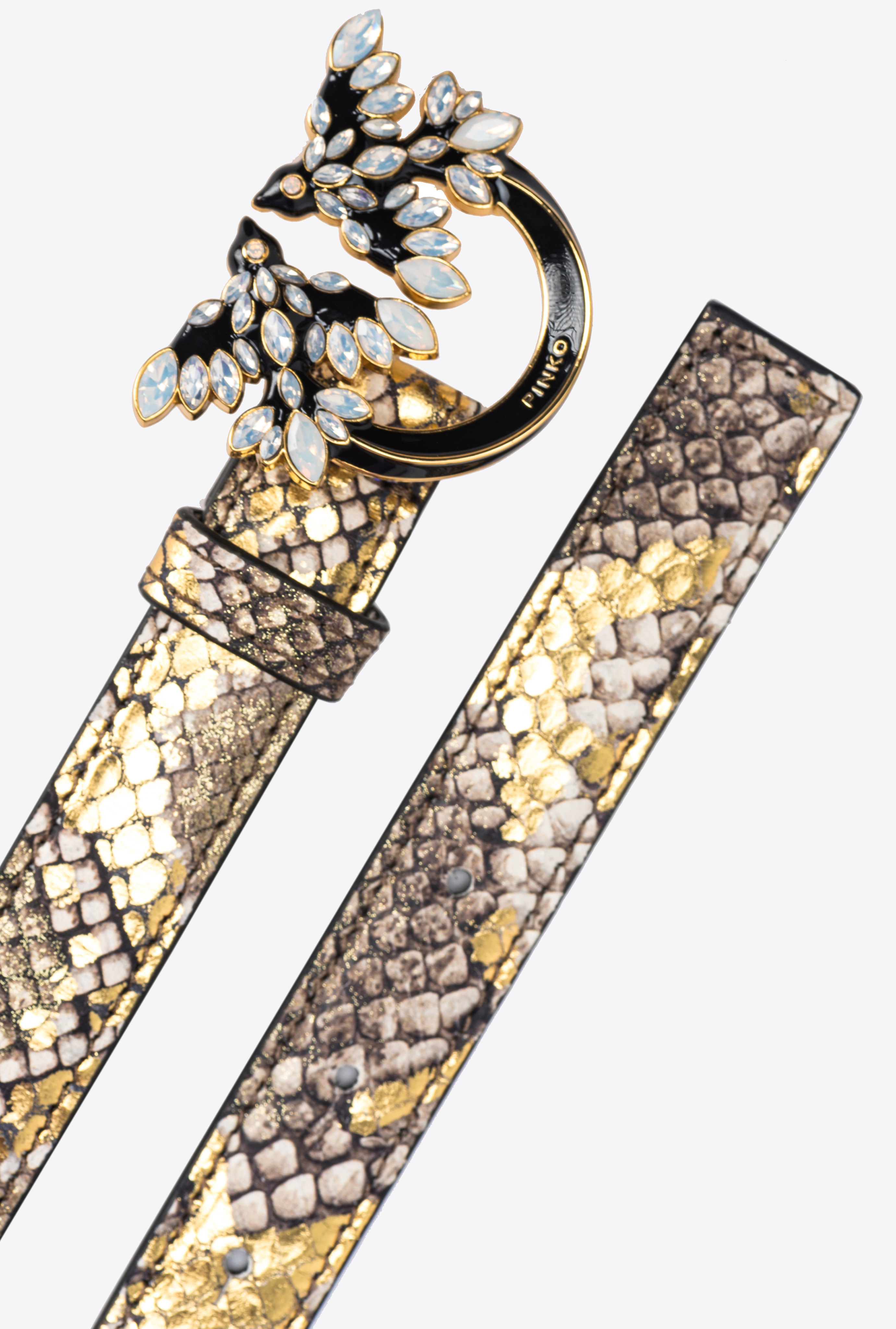 Pinko Galleria Thin 2cm Laminated Reptile-print Belt With Love Birds Buckle In Gold/grey-gold