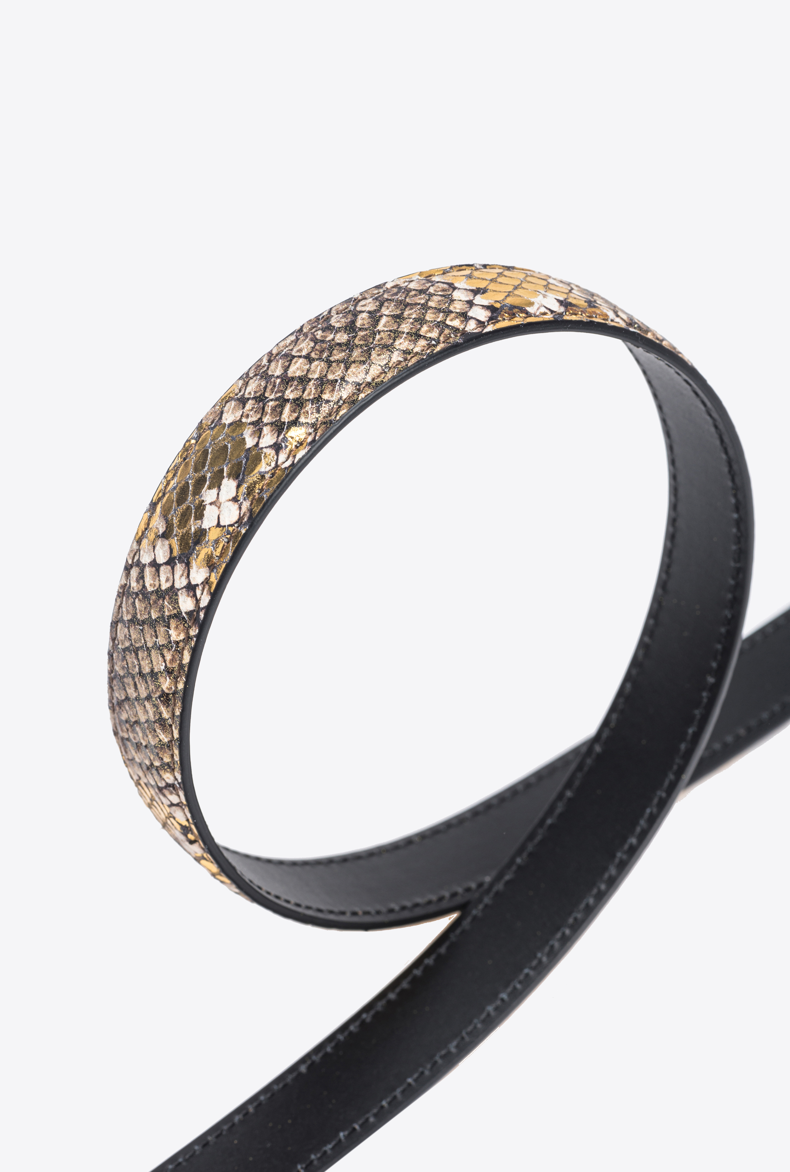 Pinko Galleria Thin 2cm Laminated Reptile-print Belt With Love Birds Buckle In Gold/grey-gold