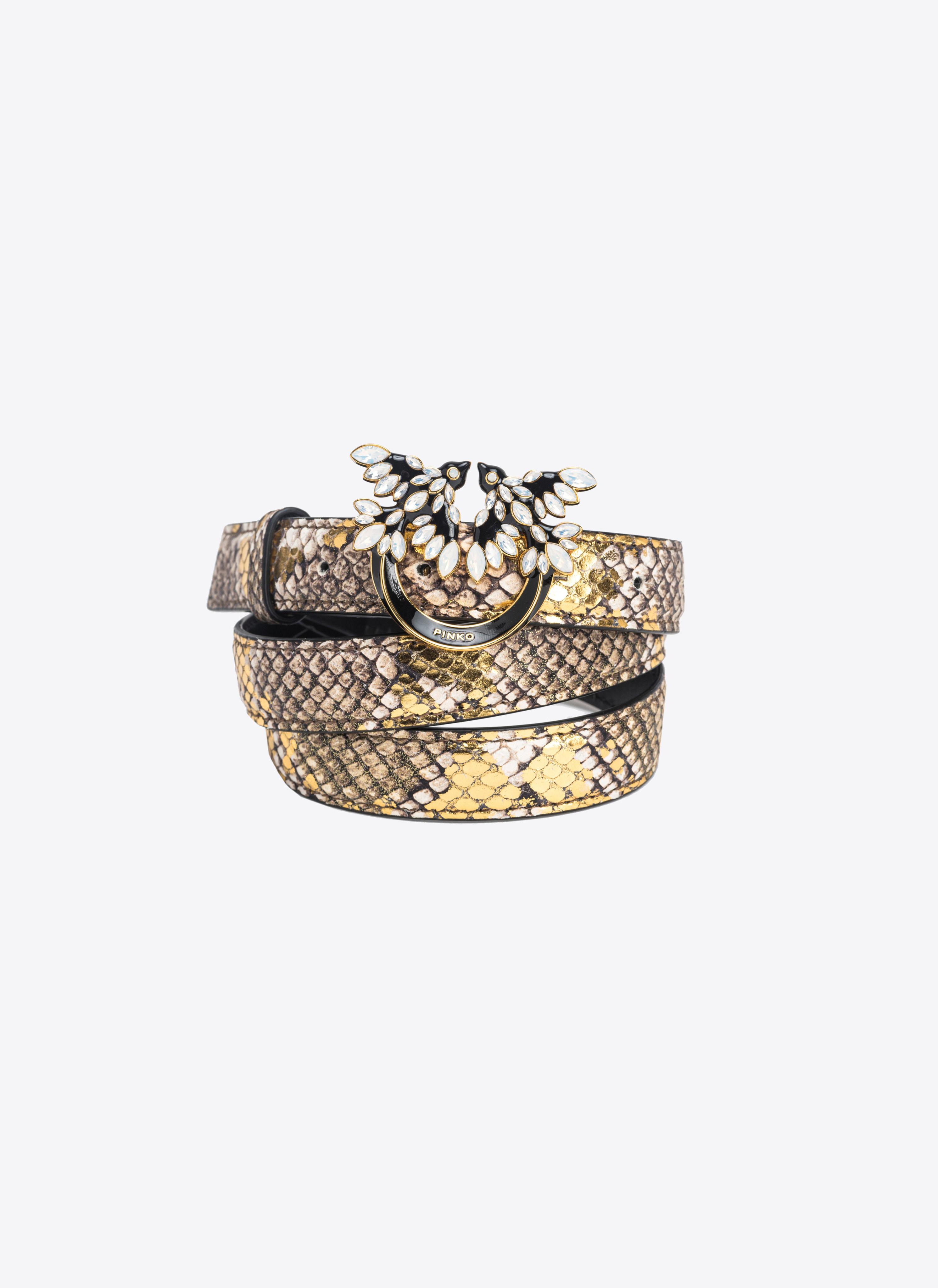 Pinko Galleria Thin 2cm Laminated Reptile-print Belt With Love Birds Buckle In Gold/grey-gold