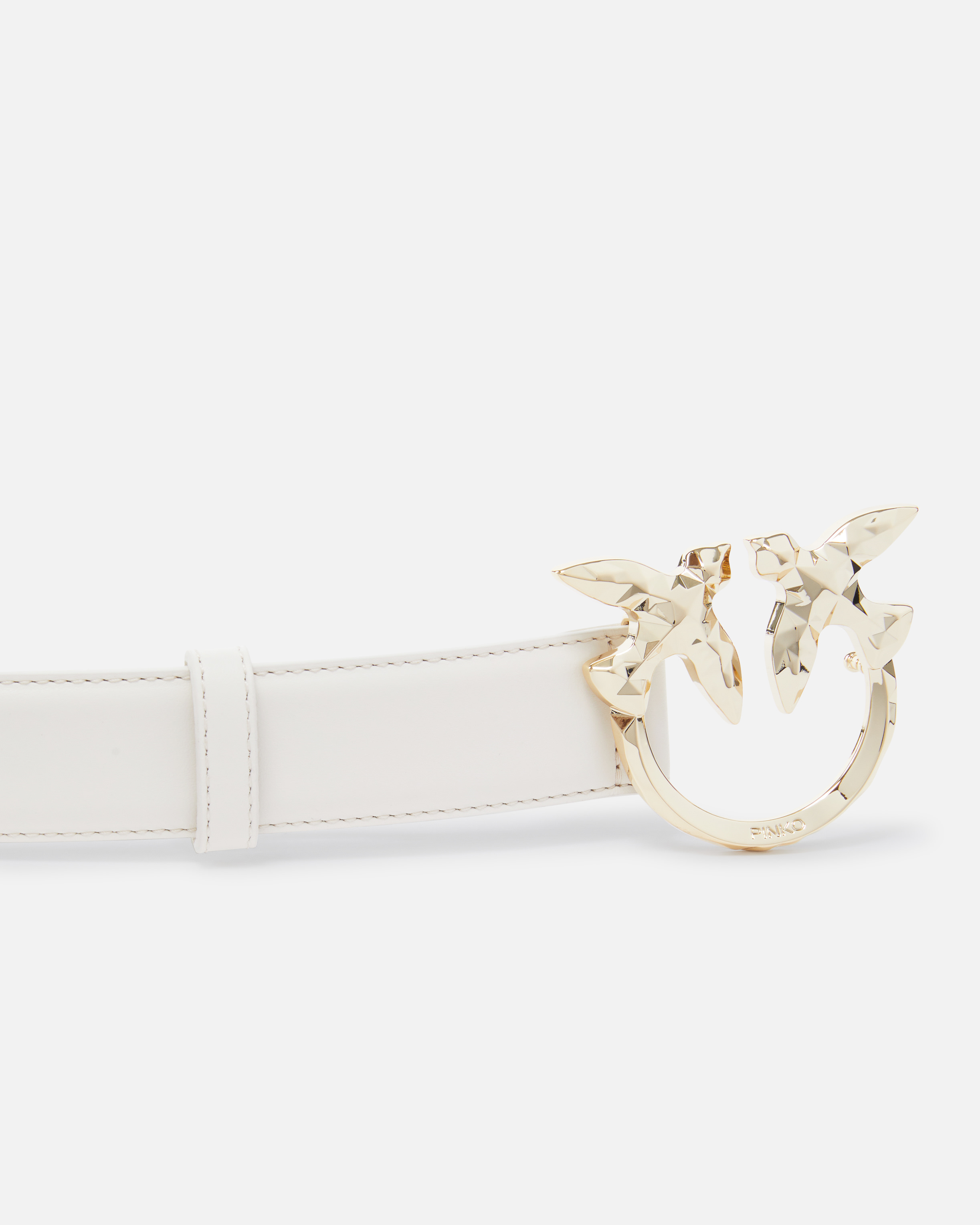 Pinko Love Berry Leather Belt With Love Birds Buckle In Faded Sand Beige-light Gold