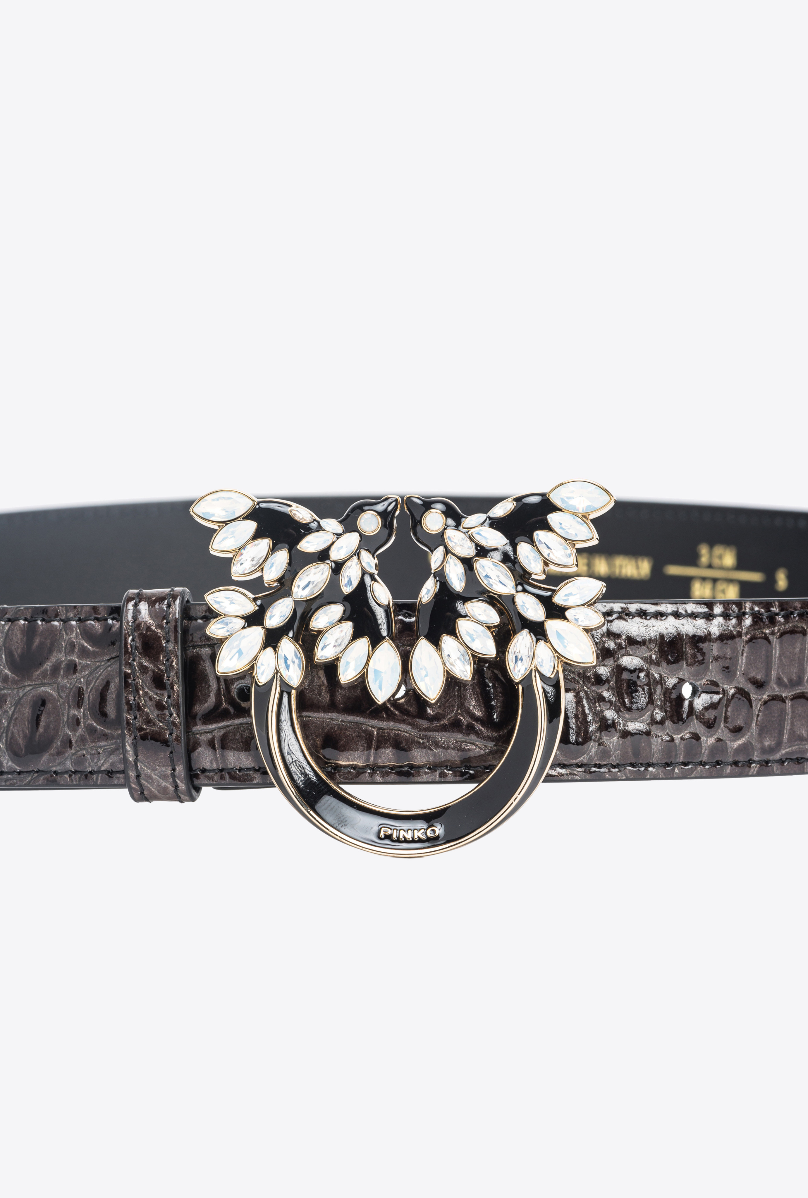 Pinko Galleria 3cm Croc-print Belt With Love Birds Buckle In Black-light Gold