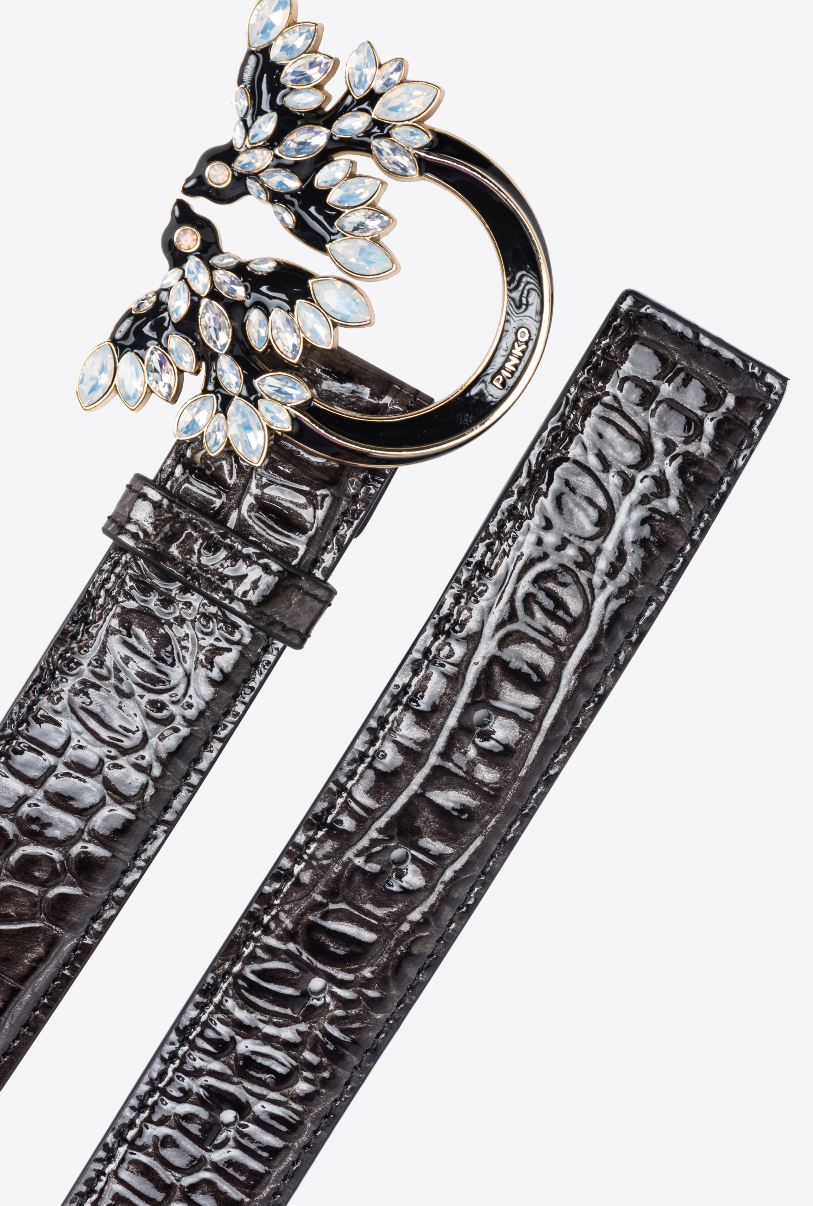 Pinko Galleria 3cm Croc-print Belt With Love Birds Buckle In Black-light Gold