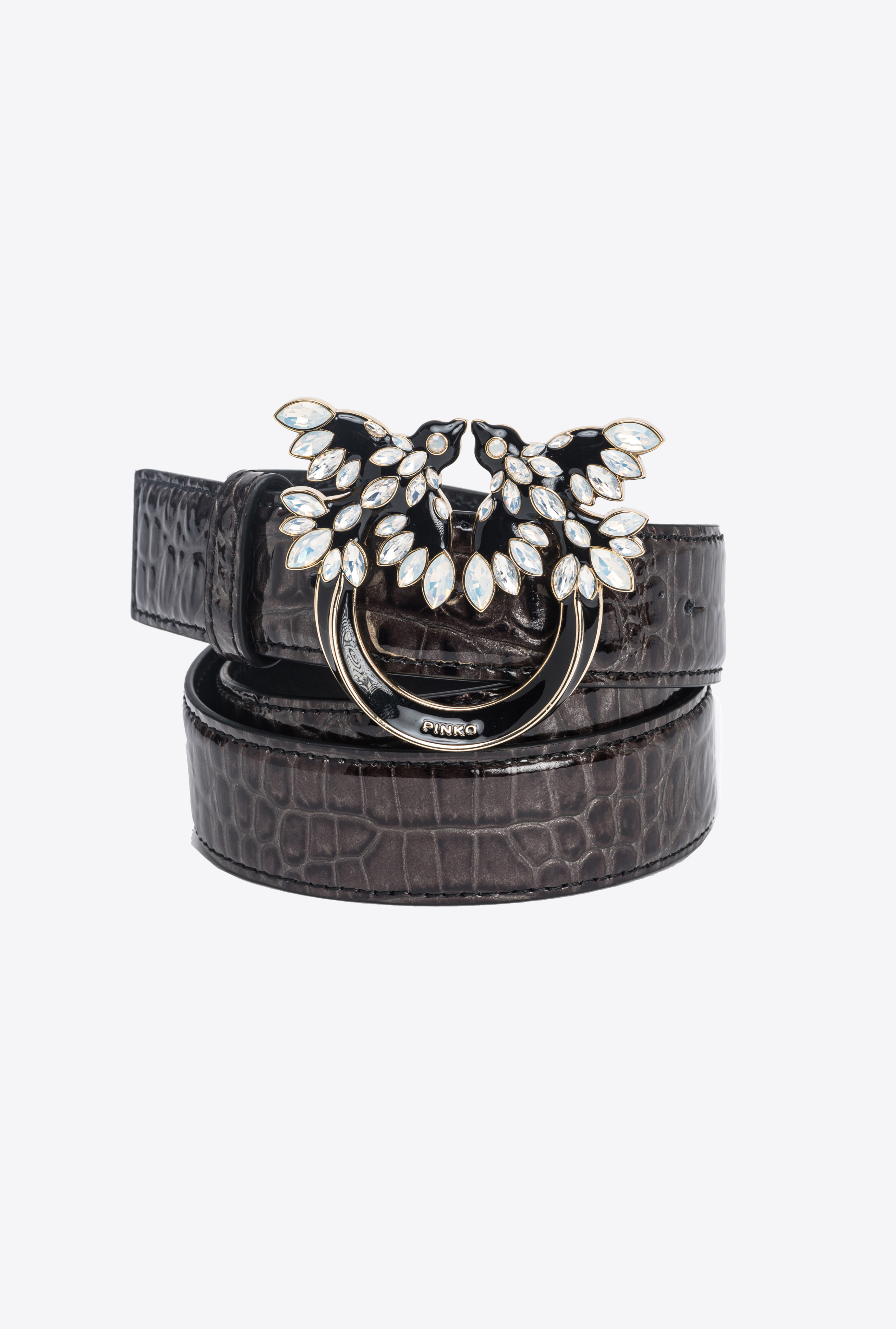 Pinko Galleria 3cm Croc-print Belt With Love Birds Buckle In Black-light Gold