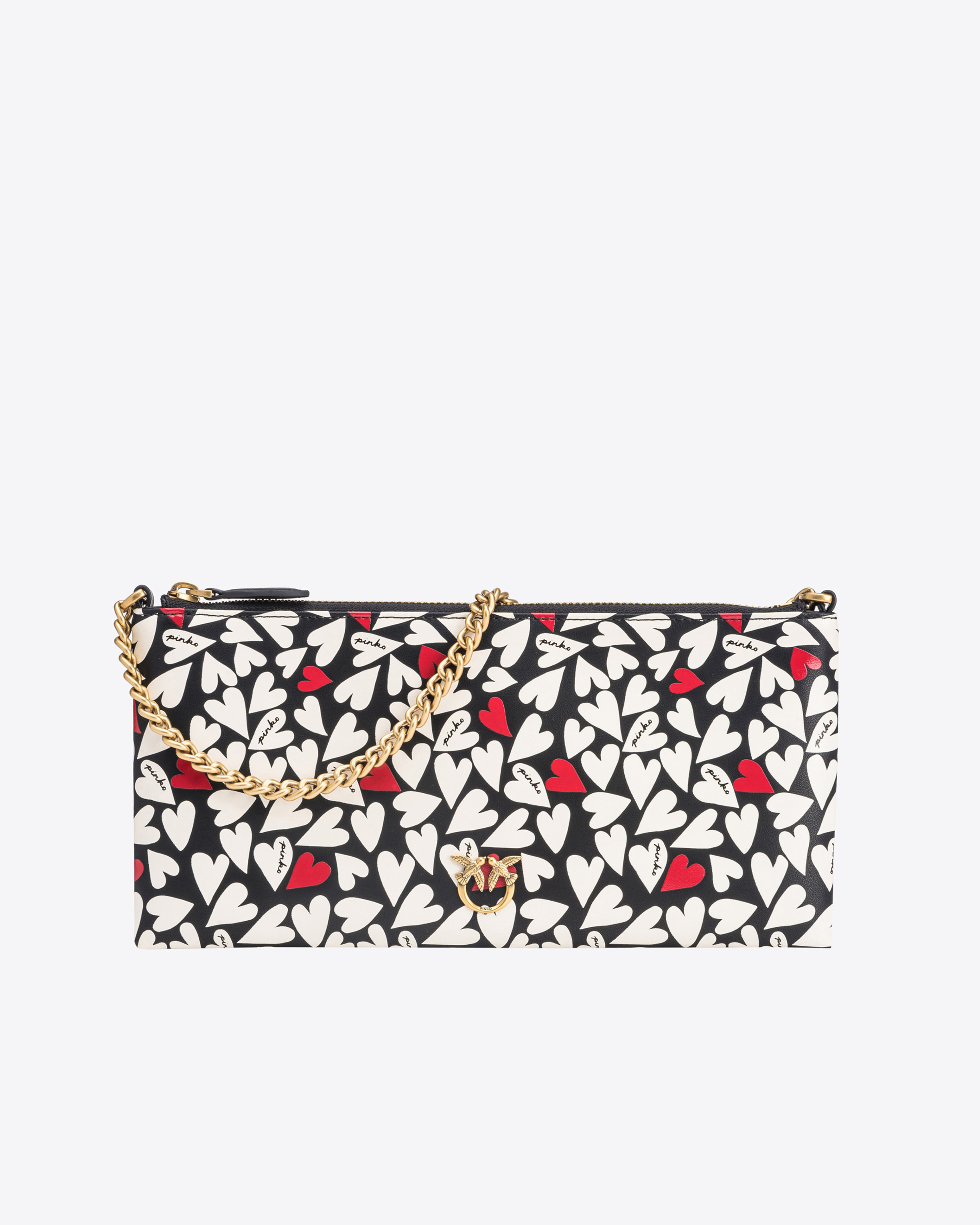 Pinko Horizontal Flat Bag With Heart Print In Black/white/red-antique Gold