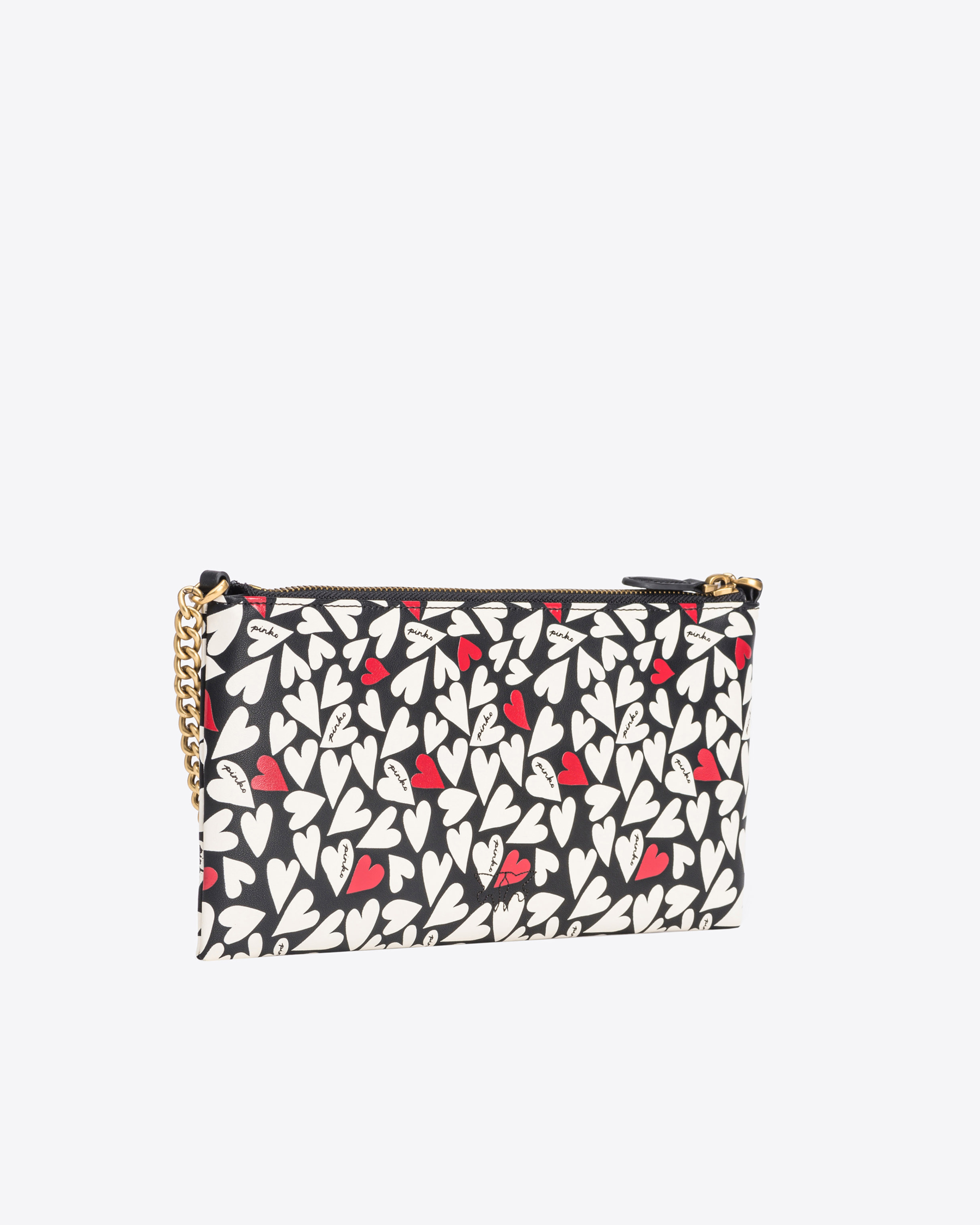 Shop Pinko Horizontal Flat Bag With Heart Print In Black/white/red-antique Gold