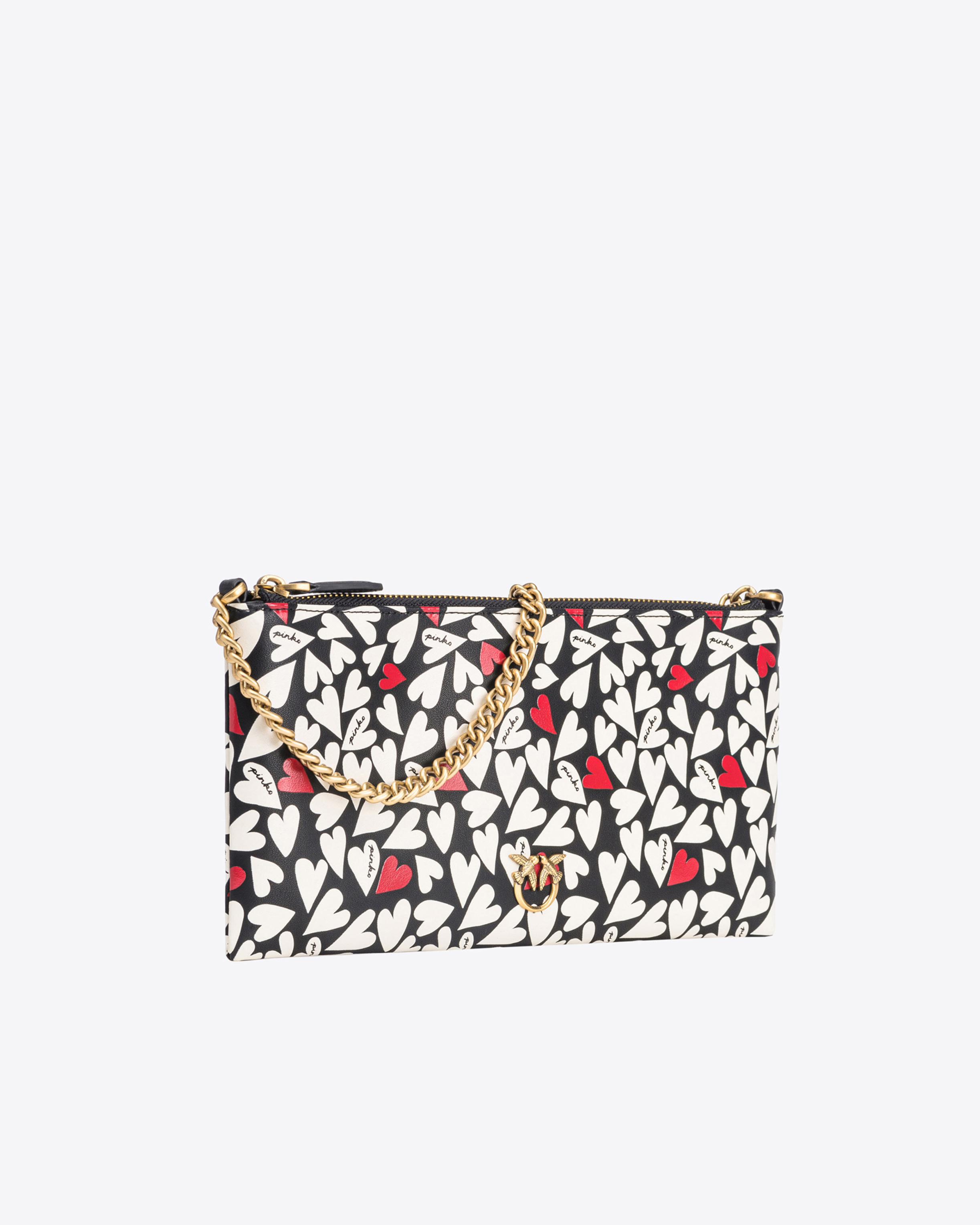 Shop Pinko Horizontal Flat Bag With Heart Print In Black/white/red-antique Gold