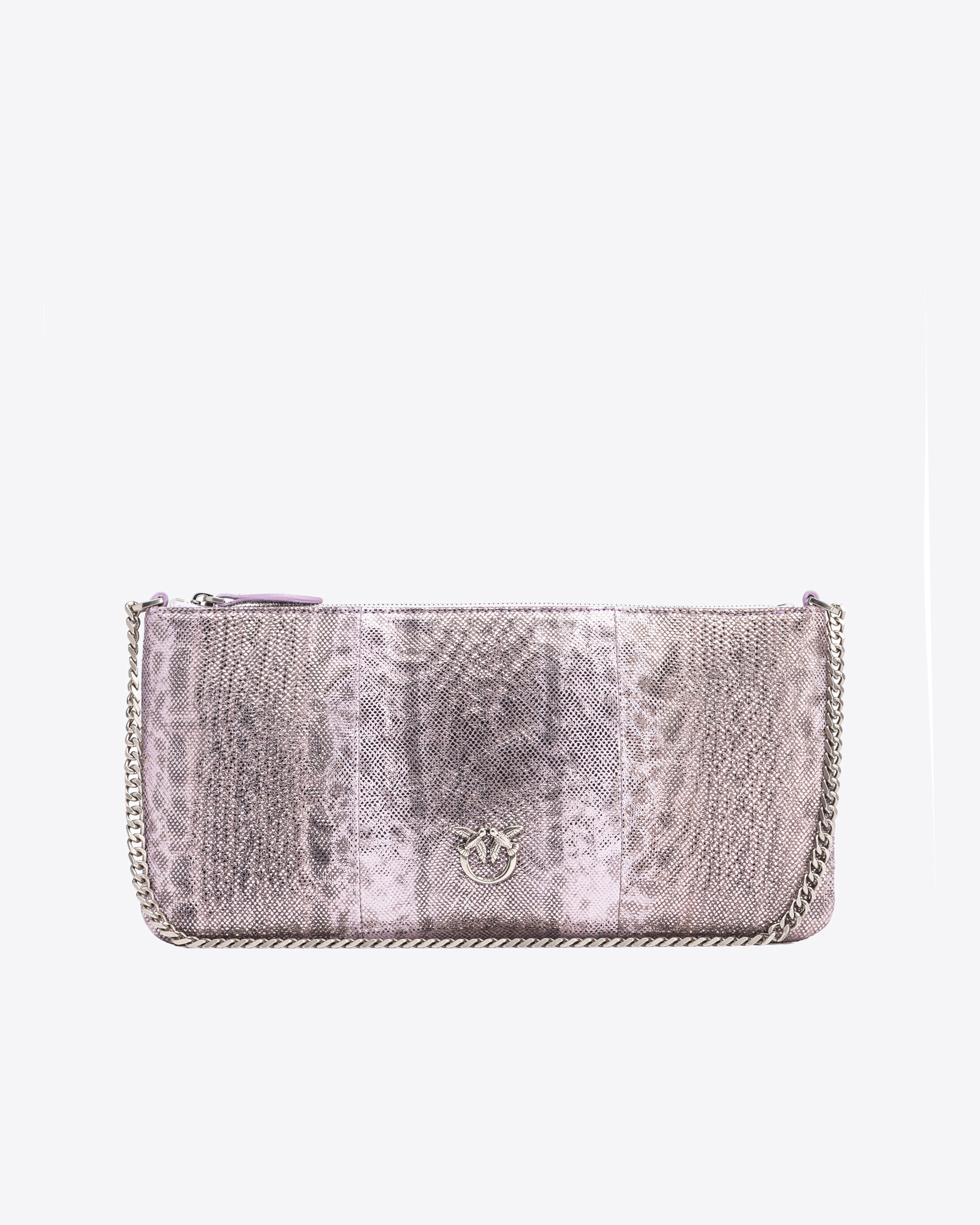 Shop Pinko Galleria Horizontal Flat Crossbody Bag In Glittery Reptile Leather In Lilas-vieil Argent