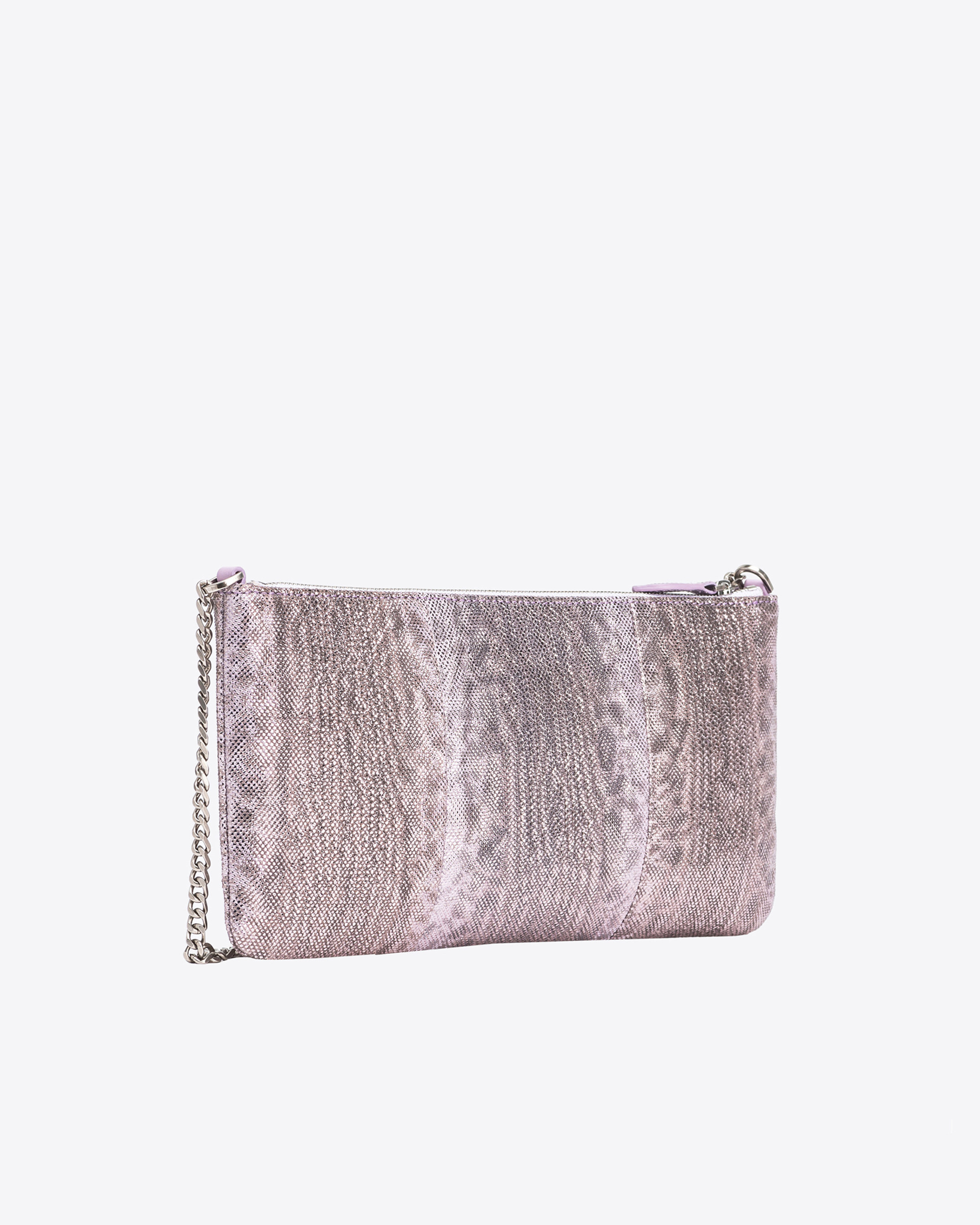 Shop Pinko Galleria Horizontal Flat Crossbody Bag In Glittery Reptile Leather In Lilas-vieil Argent