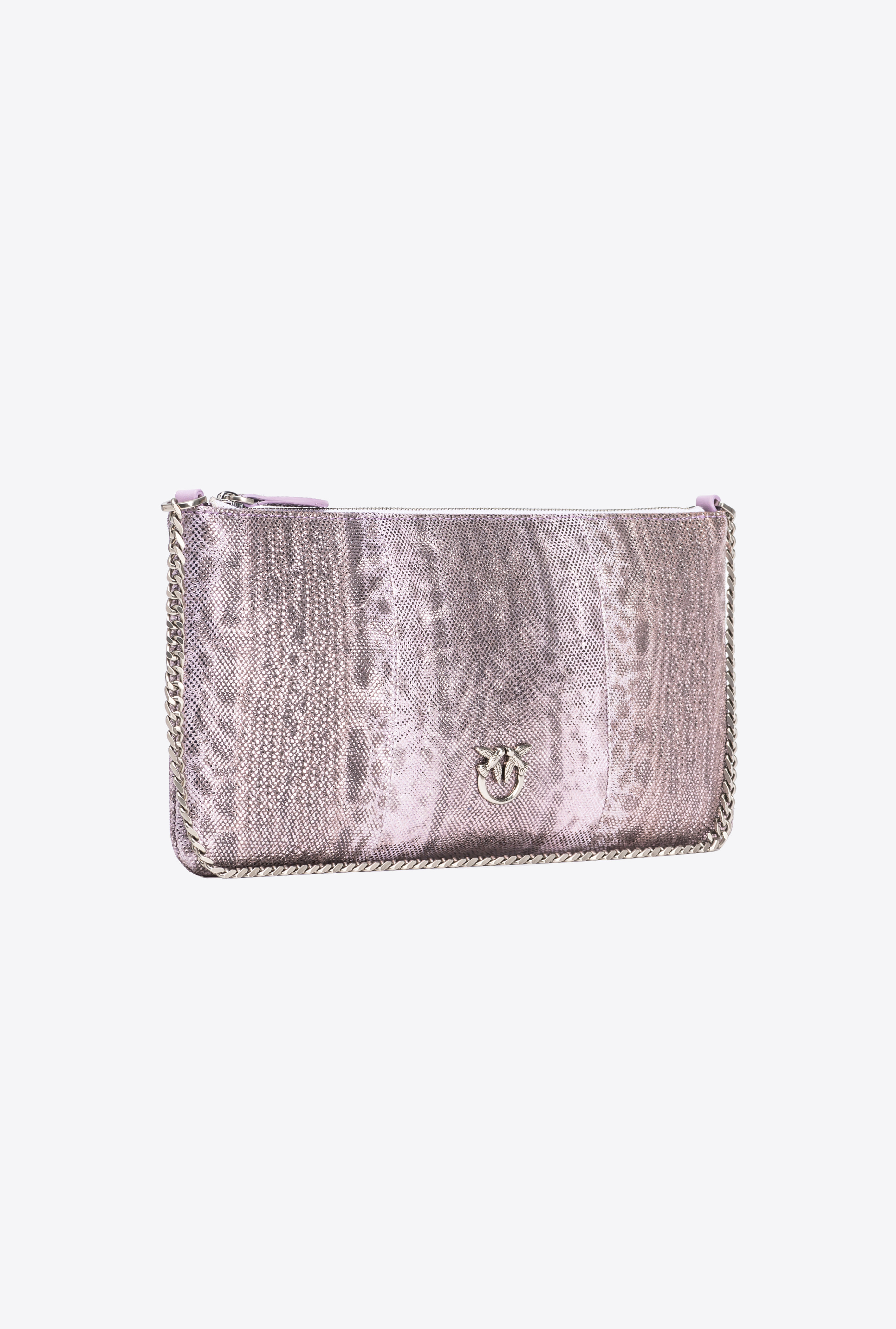 Shop Pinko Galleria Horizontal Flat Crossbody Bag In Glittery Reptile Leather In Lilas-vieil Argent