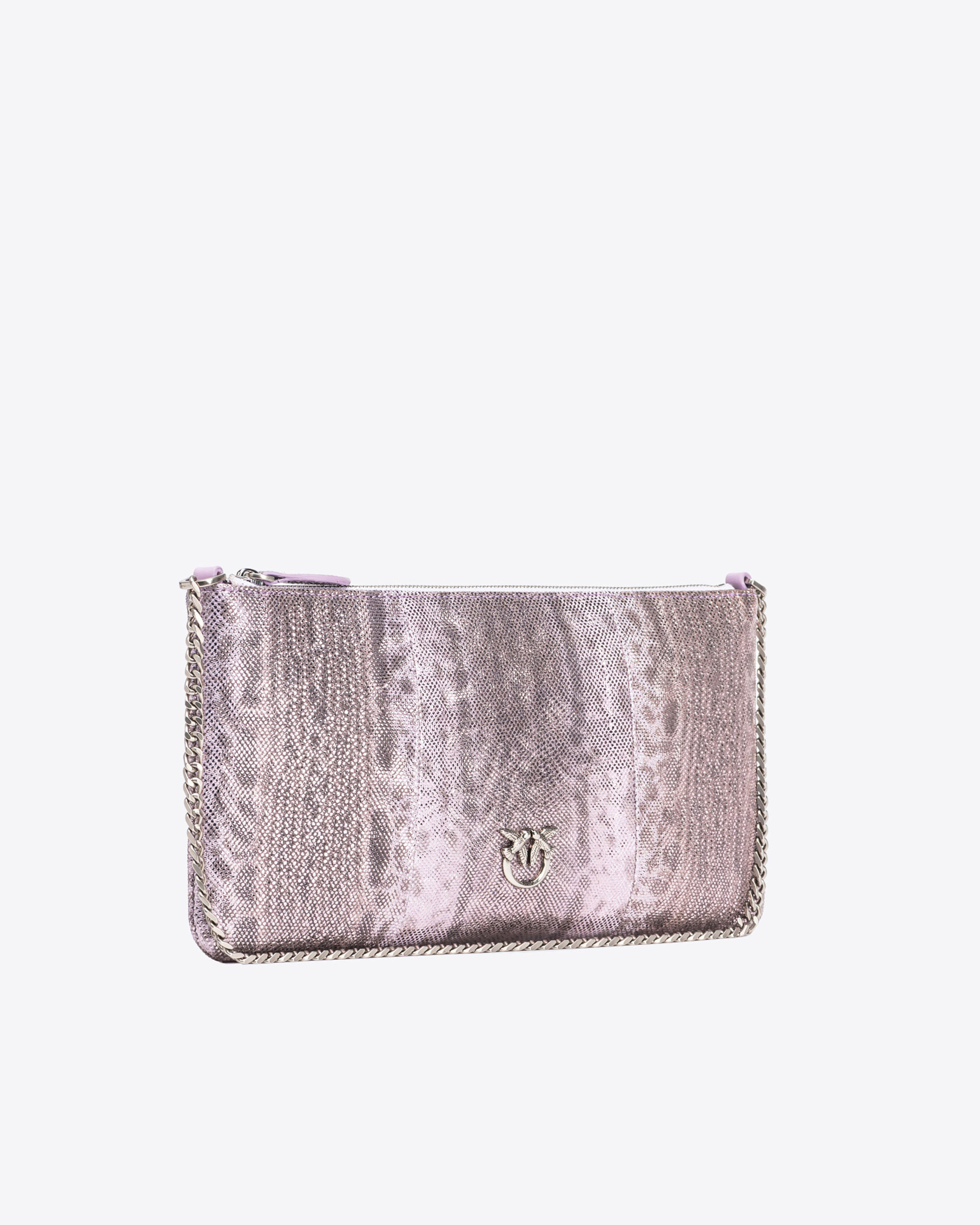 Shop Pinko Galleria Horizontal Flat Crossbody Bag In Glittery Reptile Leather In Lilas-vieil Argent