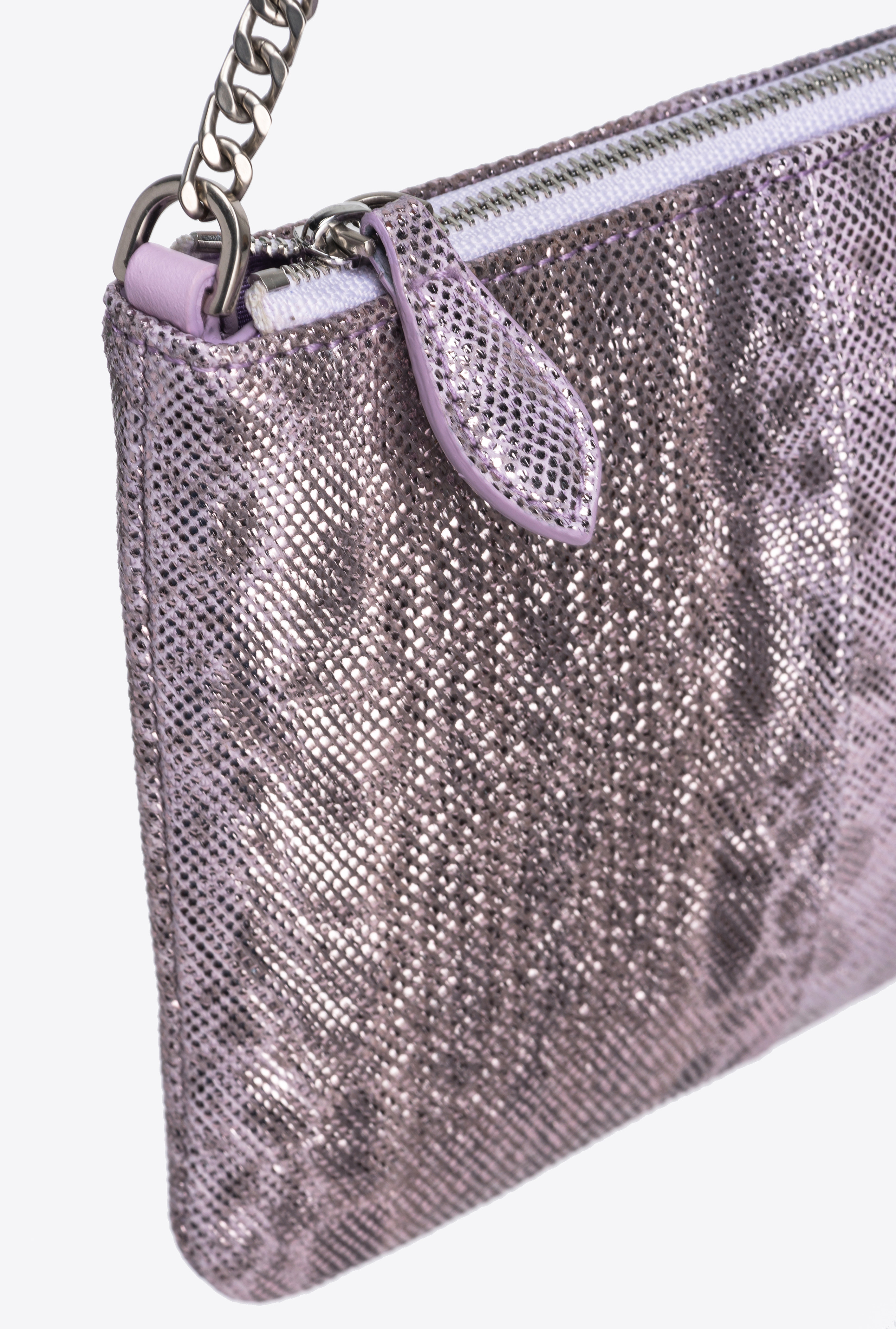 Pinko Galleria Horizontal Flat Crossbody Bag In Glittery Reptile Leather In Lilas-vieil Argent