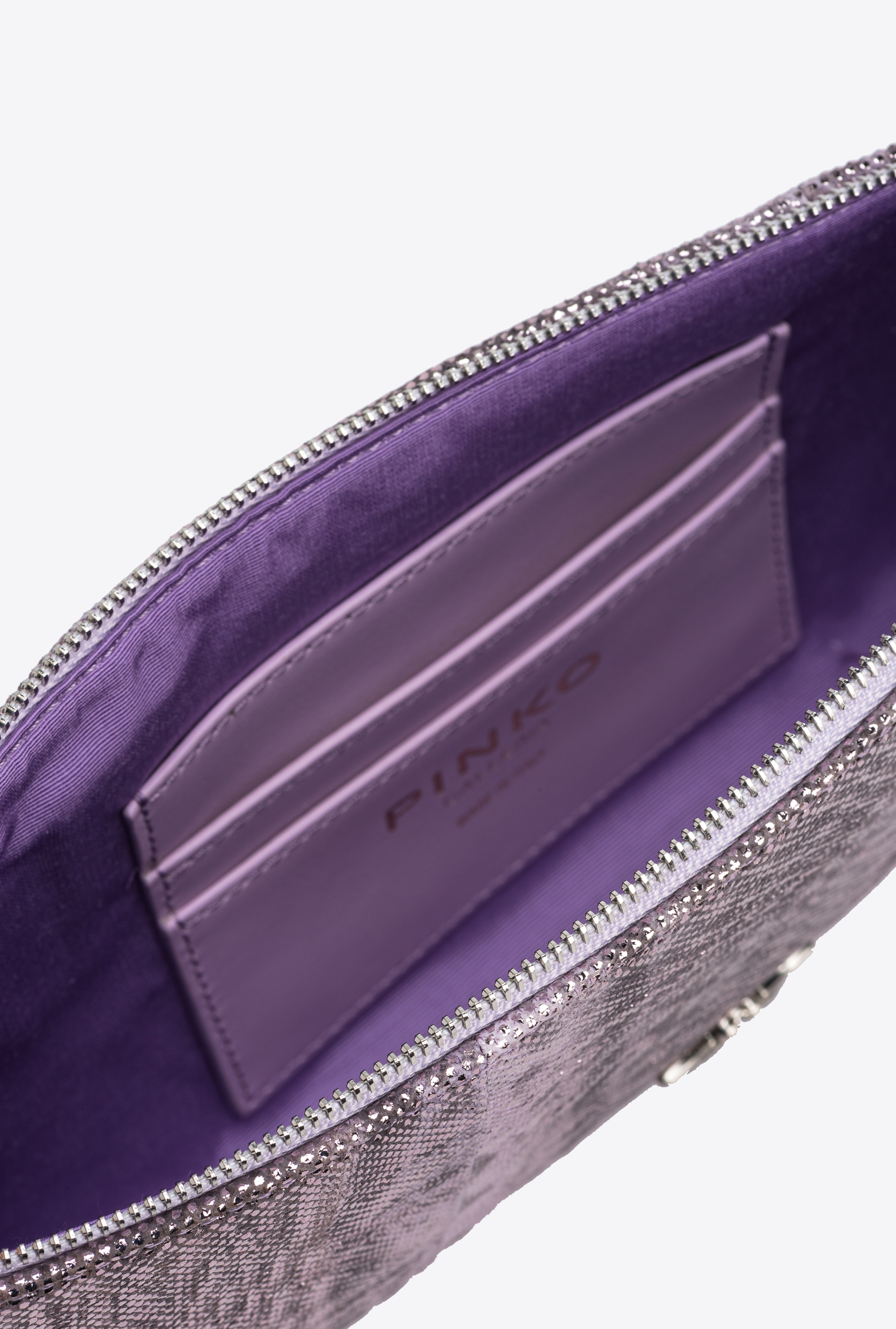 Pinko Galleria Horizontal Flat Crossbody Bag In Glittery Reptile Leather In Lilas-vieil Argent