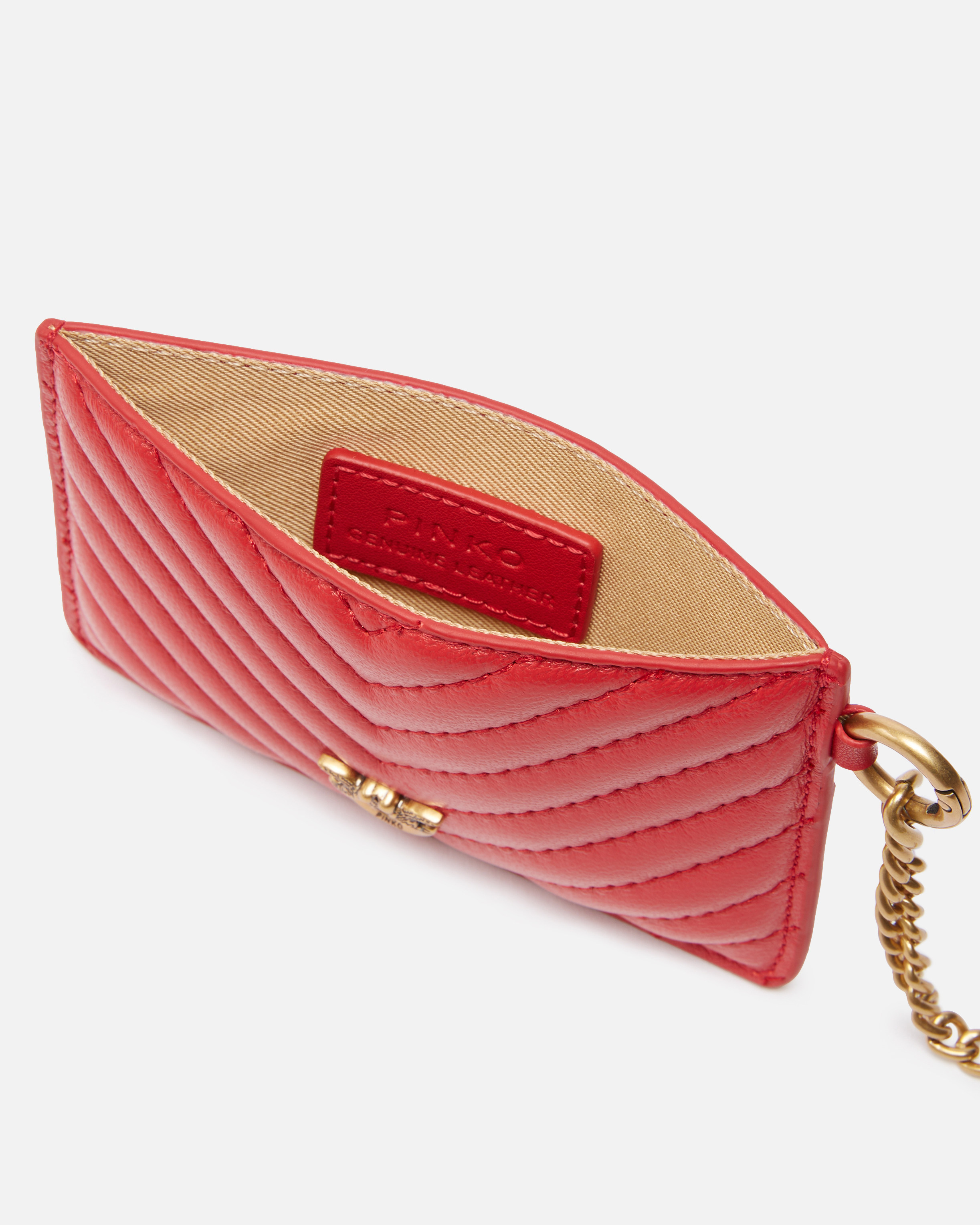 Pinko Logo-plaque Quilted Leather Cardholder In Red-antique Gold