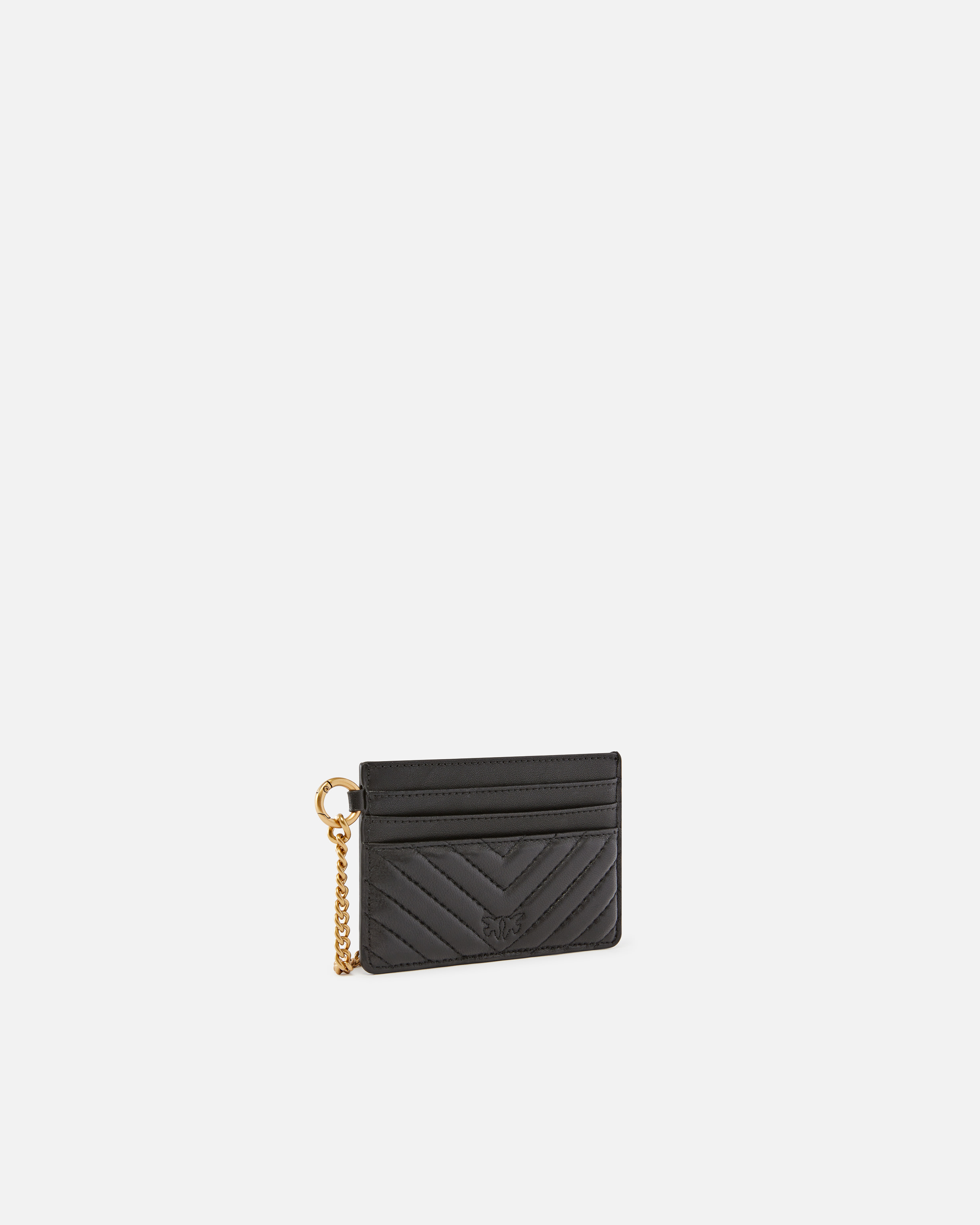 Pinko Matelassé Leather Card Holder With Chain In Nero-antique Gold