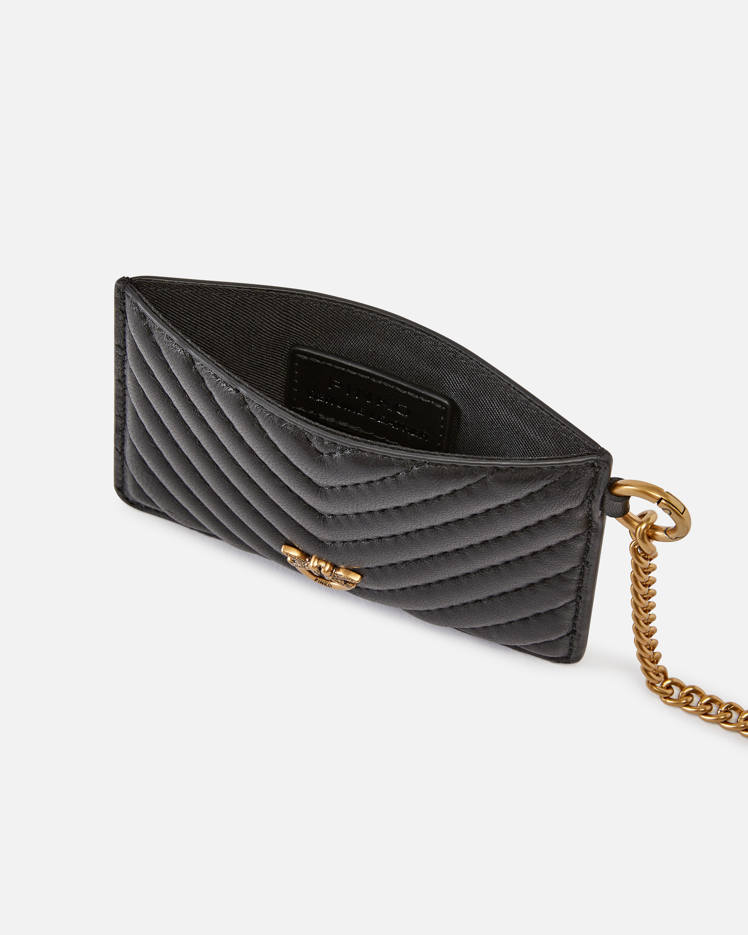 Pinko Matelassé Leather Card Holder With Chain In Nero-antique Gold