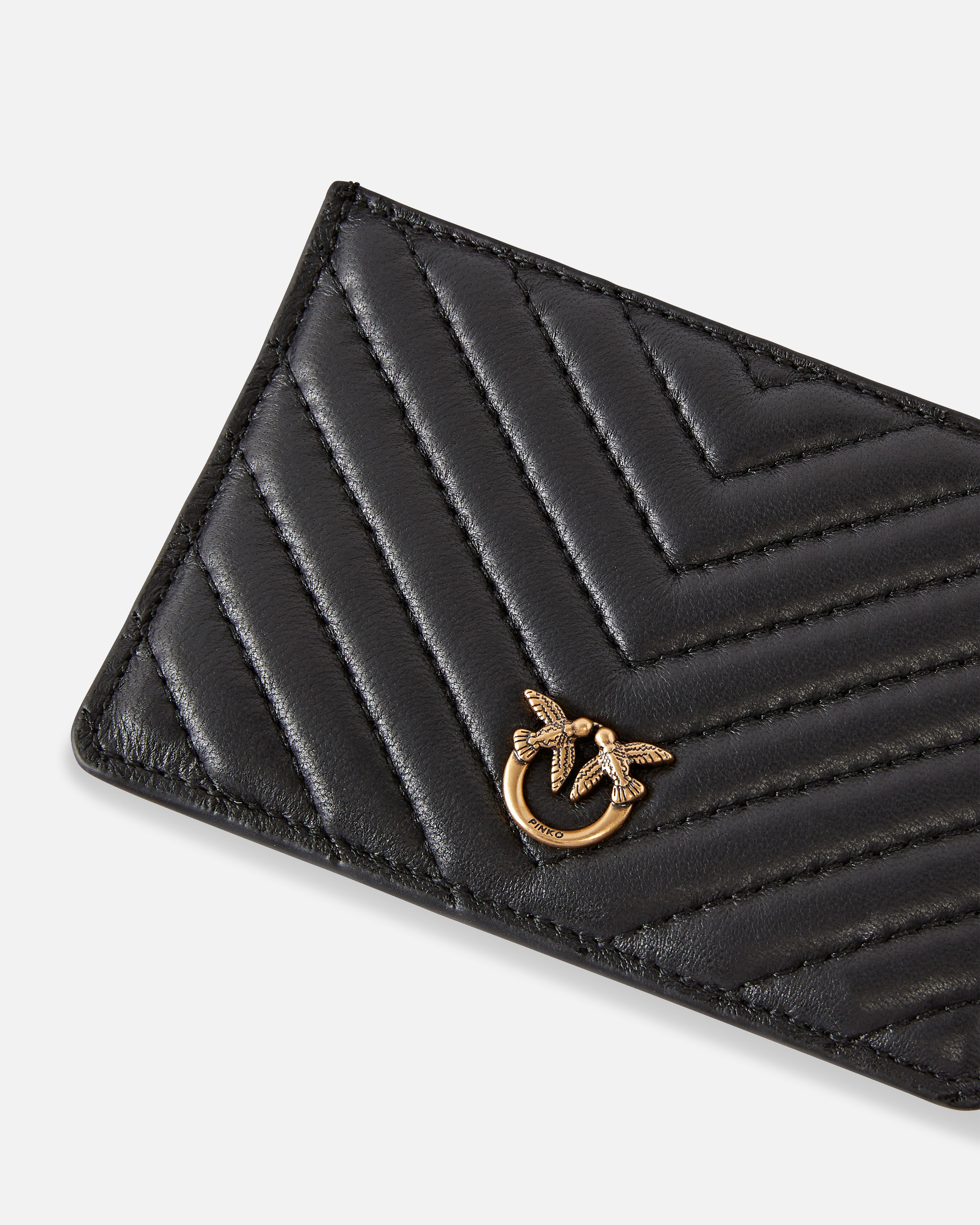 Pinko Matelassé Leather Card Holder With Chain In Nero-antique Gold