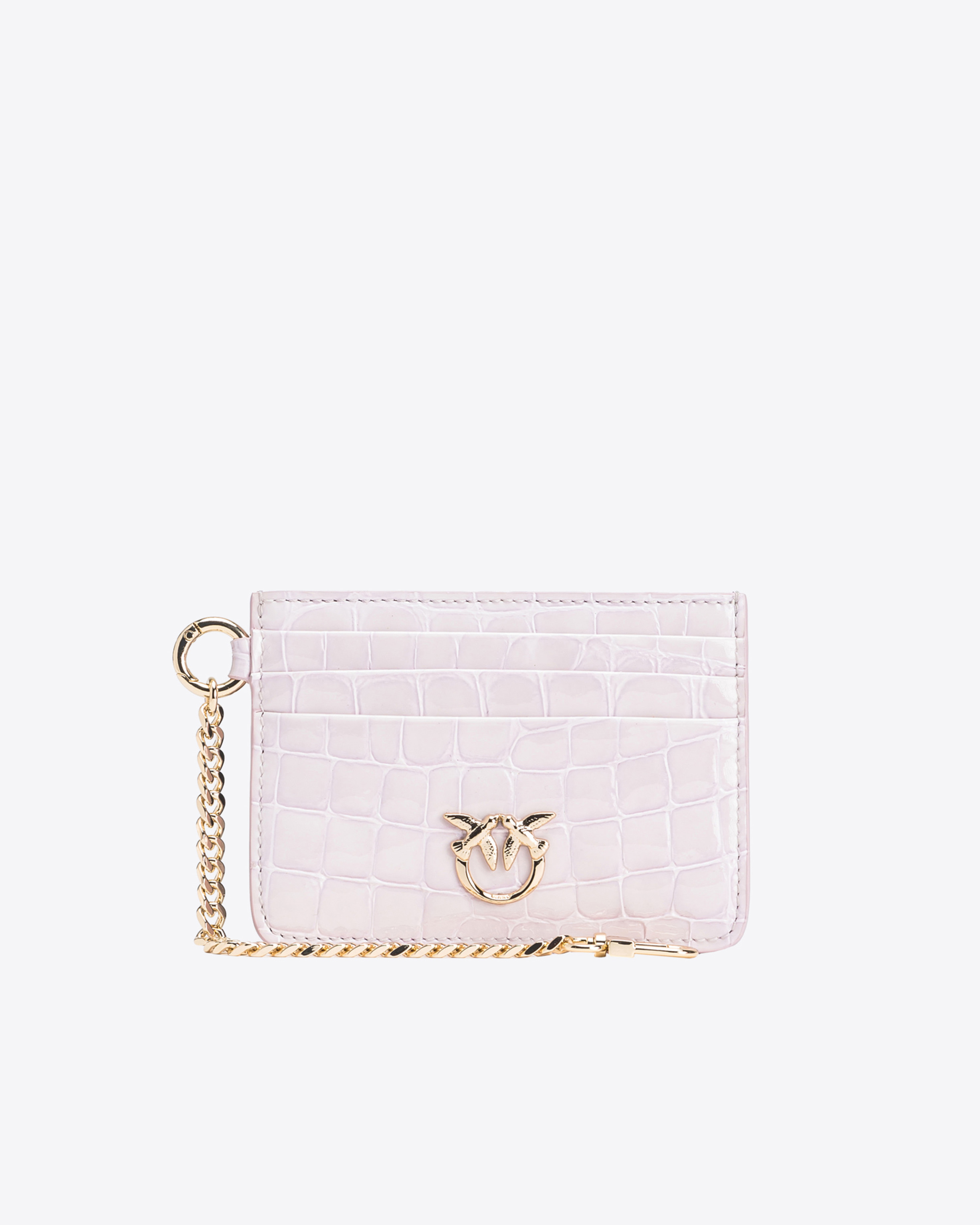 Shop Pinko Galleria Shiny Croc-print Card Holder With Chain In Lilac-light Gold