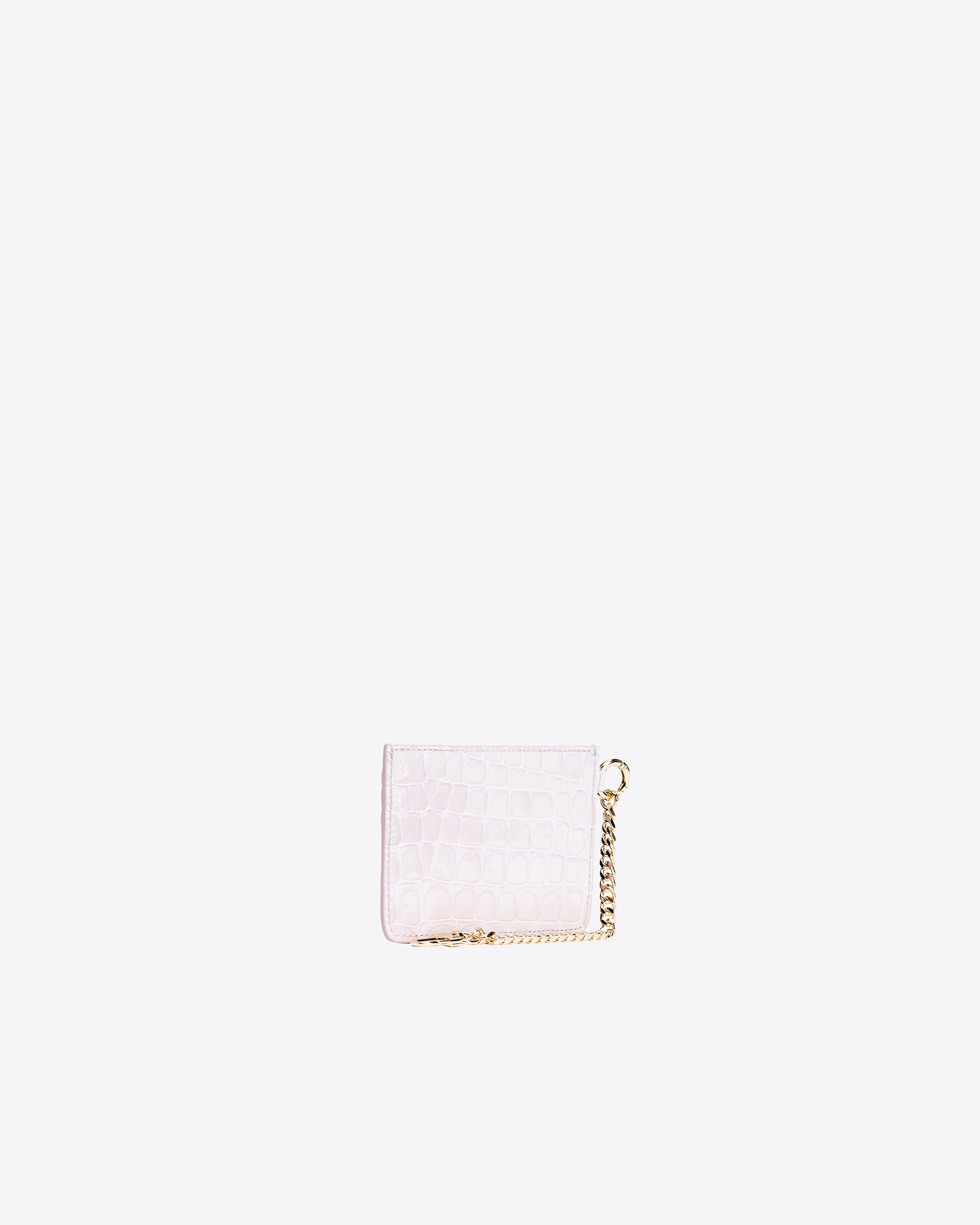 Pinko Galleria Shiny Croc-print Card Holder With Chain In Lilac-light Gold
