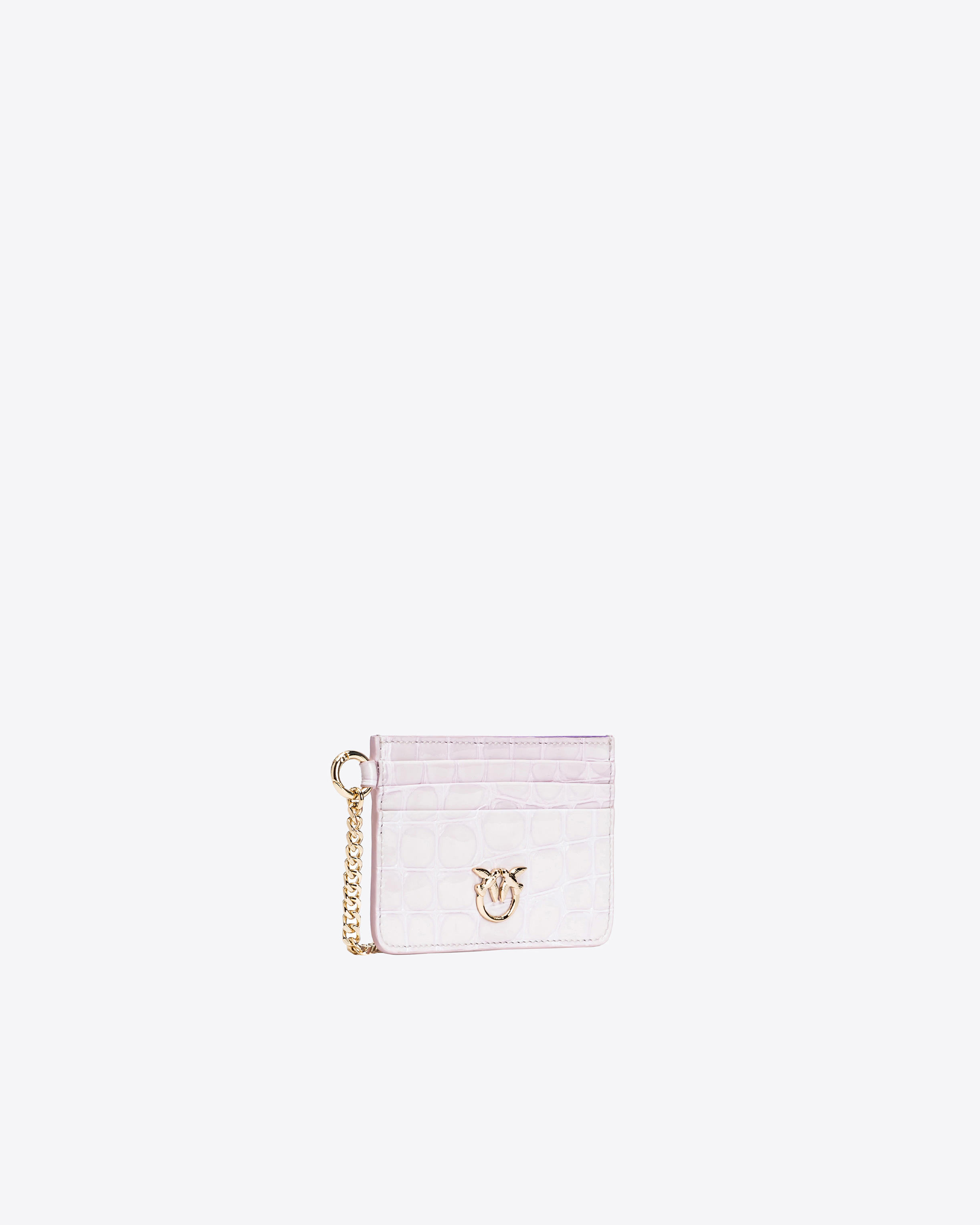 Shop Pinko Galleria Shiny Croc-print Card Holder With Chain In Lilac-light Gold