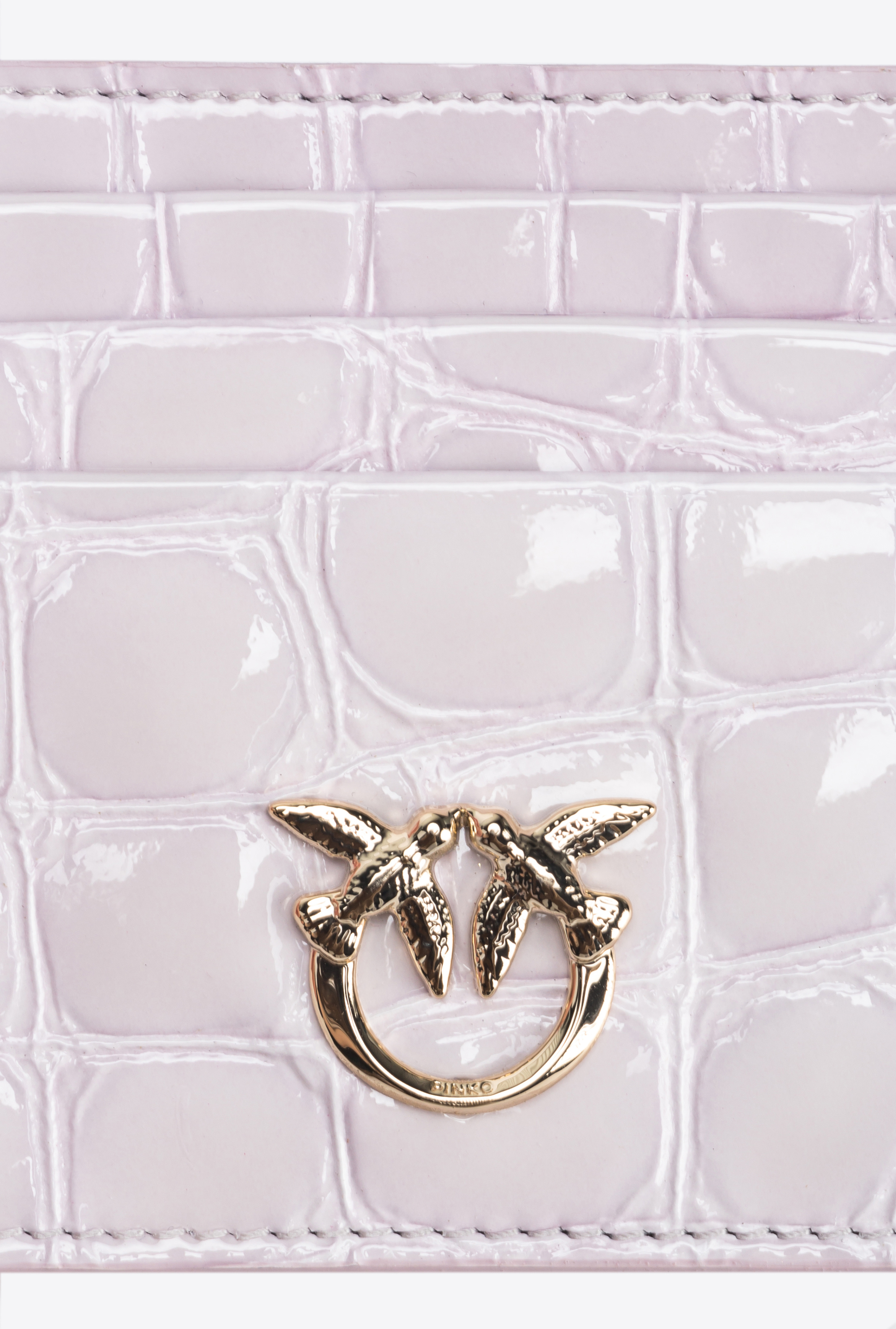 Pinko Galleria Shiny Croc-print Card Holder With Chain In Lilac-light Gold