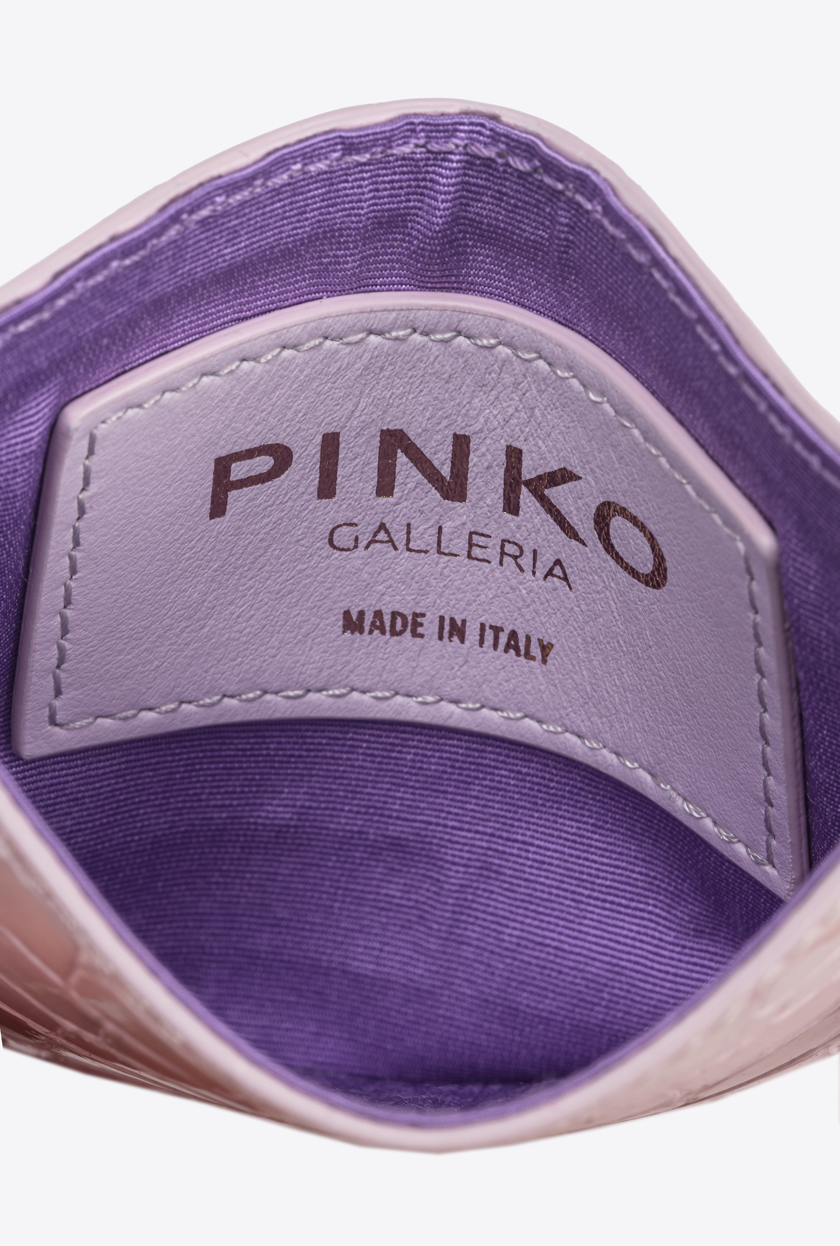 Pinko Galleria Shiny Croc-print Card Holder With Chain In Lilac-light Gold