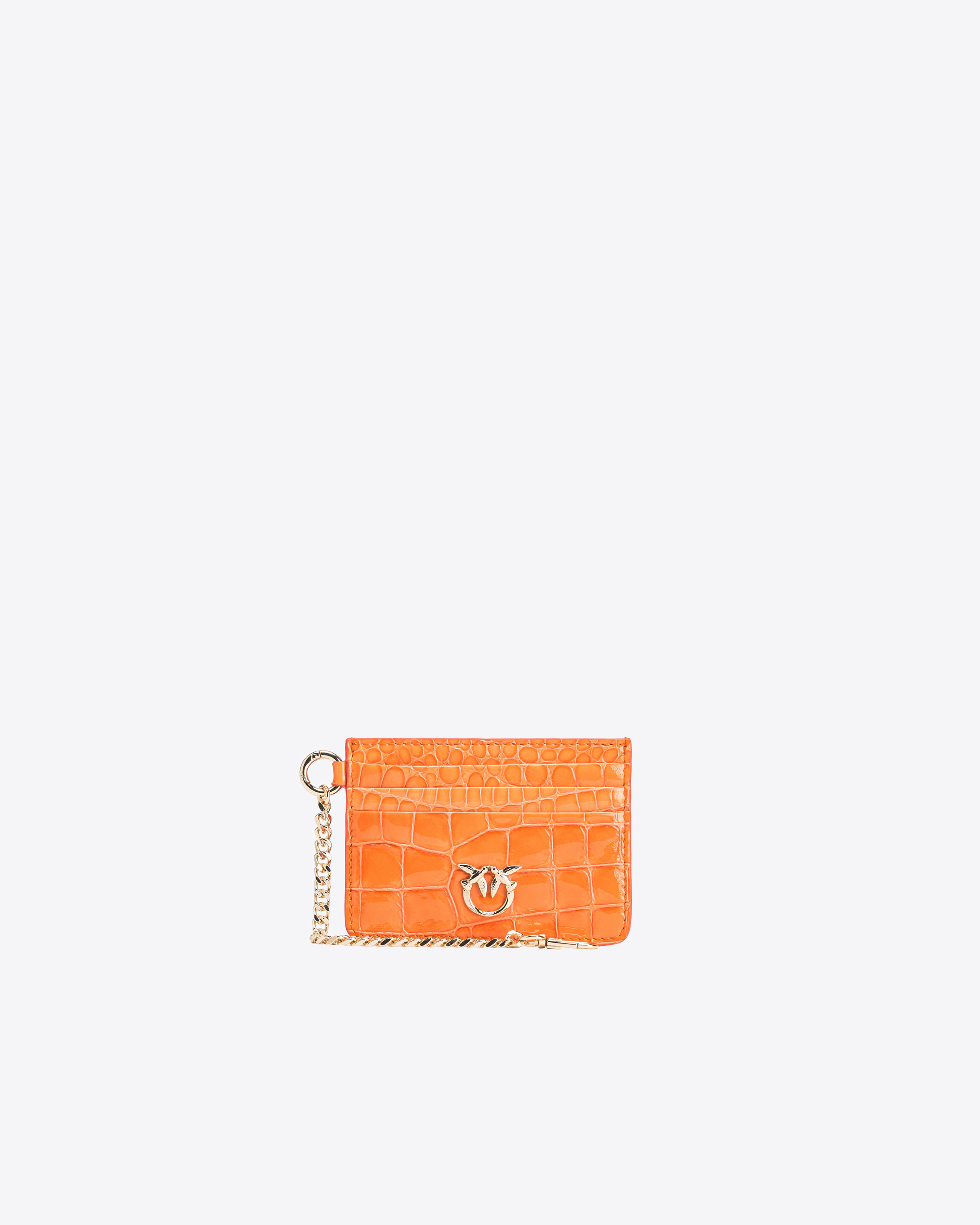 Shop Pinko Galleria Card Holder In Shiny Coloured Croc-print Leather In Orange-light Gold