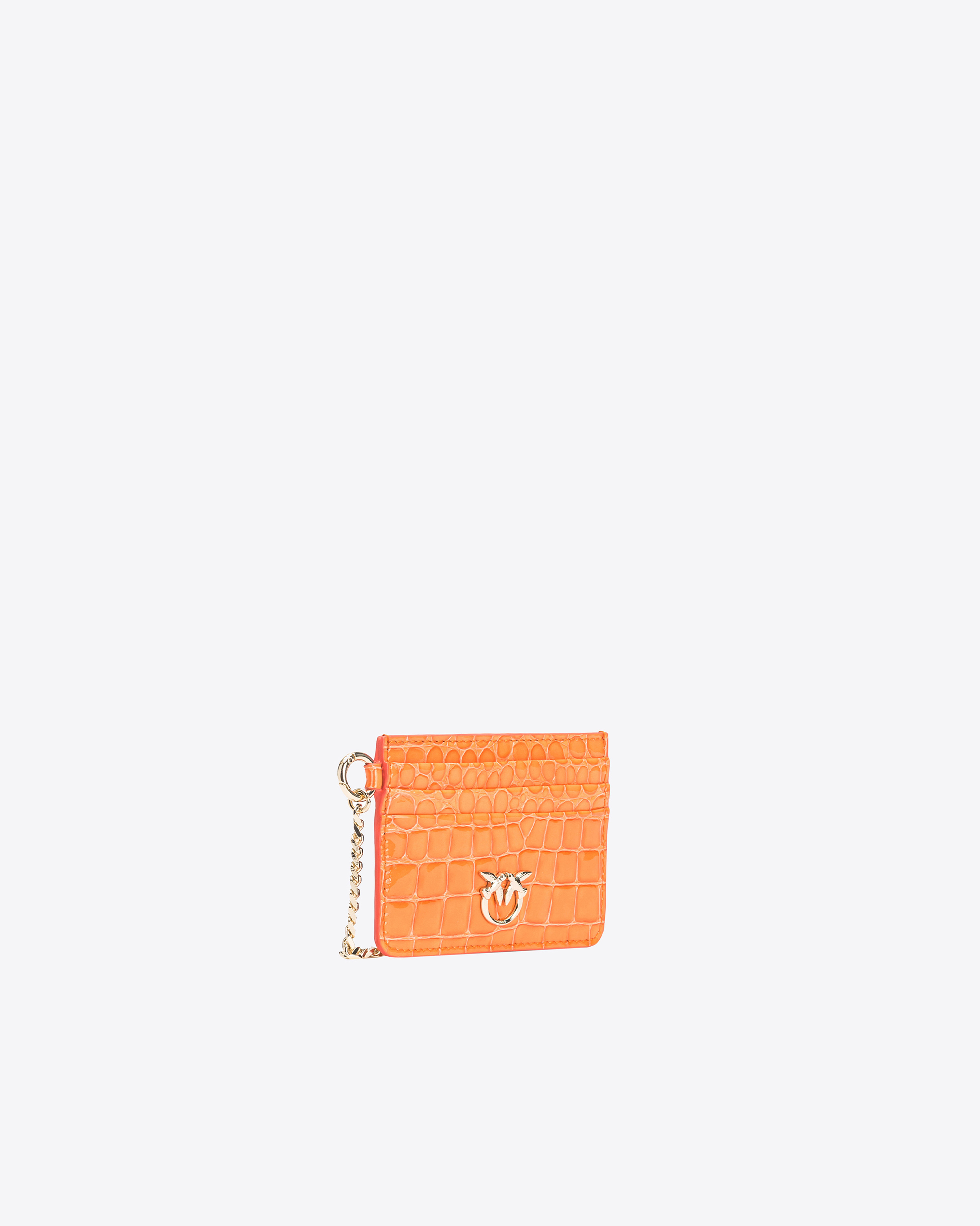 Shop Pinko Galleria Card Holder In Shiny Coloured Croc-print Leather In Orange-light Gold