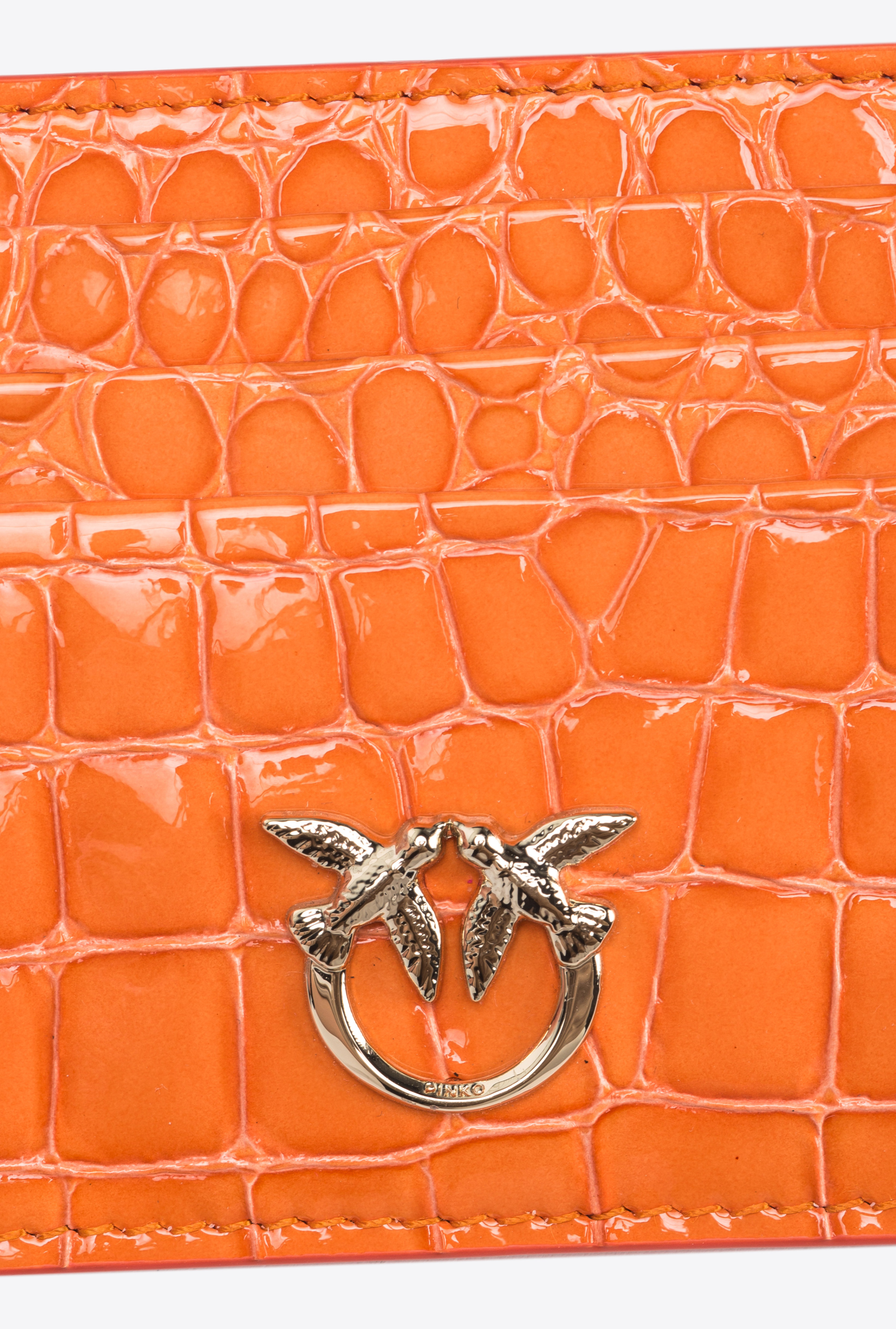 Shop Pinko Galleria Card Holder In Shiny Coloured Croc-print Leather In Orange-light Gold