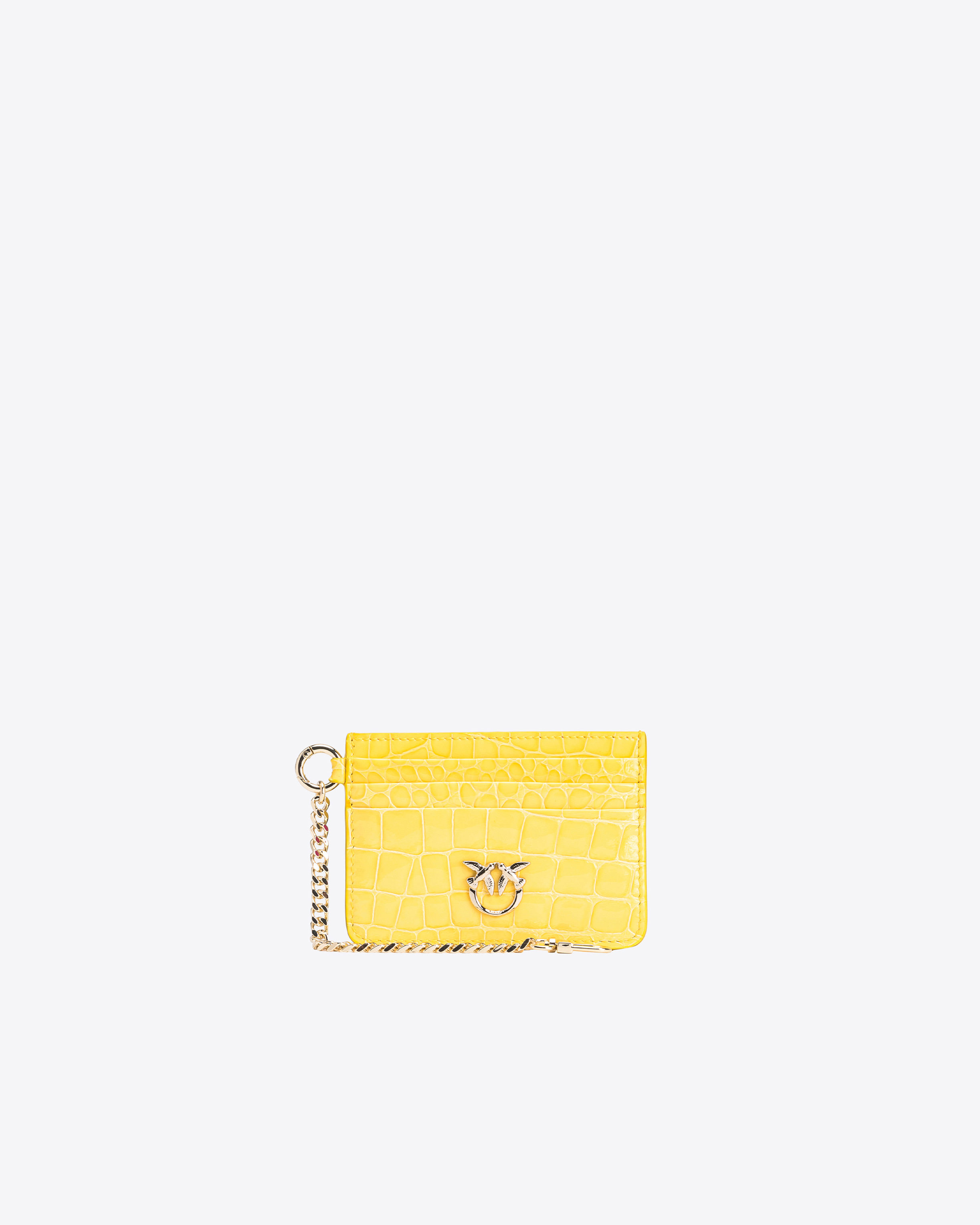 Shop Pinko Galleria Card Holder In Shiny Coloured Croc-print Leather In Sun Yellow-light Gold