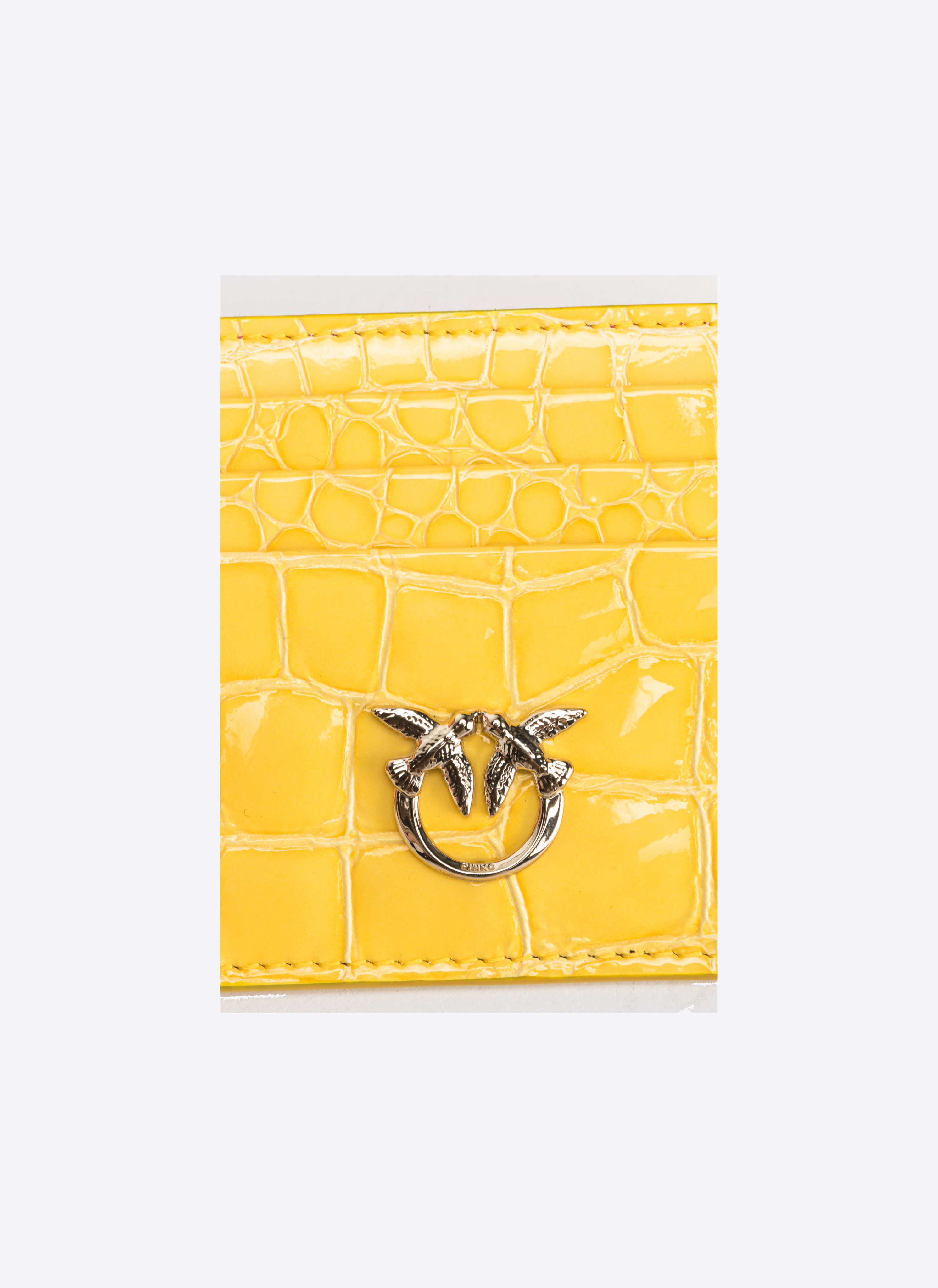 Shop Pinko Galleria Card Holder In Shiny Coloured Croc-print Leather In Sun Yellow-light Gold