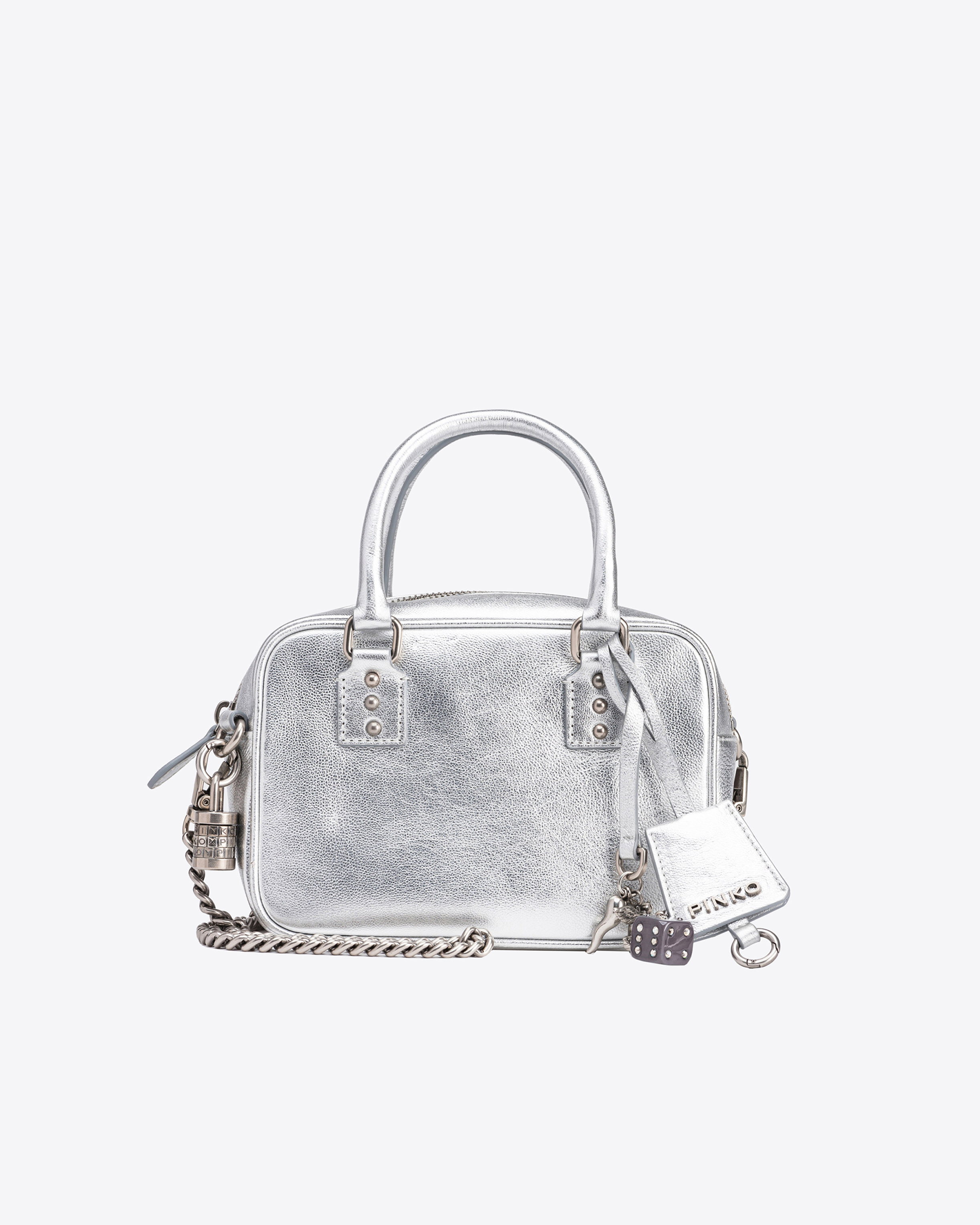 Shop Pinko Laminated Mini Bowling Bag In Silver-old Silver