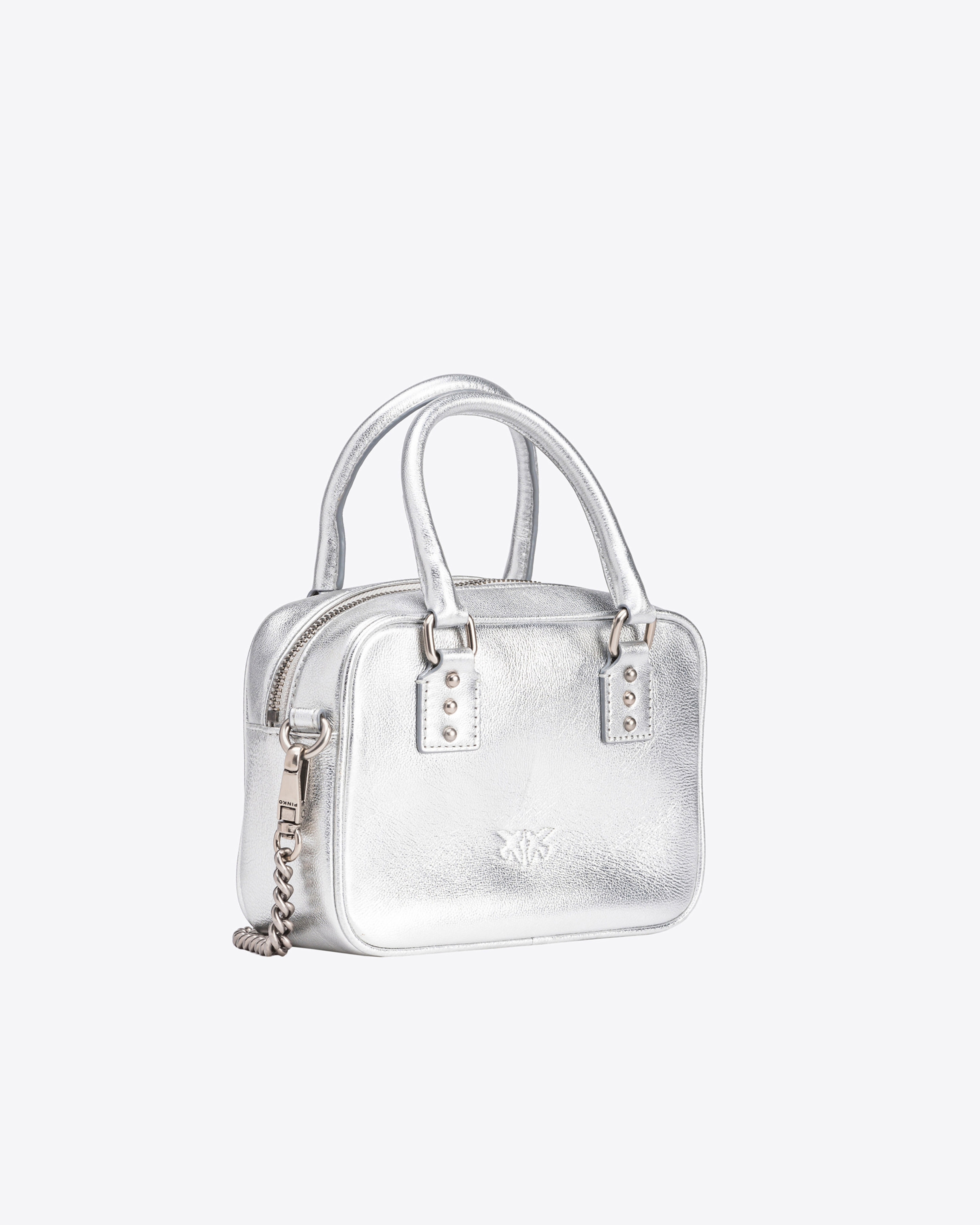 Shop Pinko Laminated Mini Bowling Bag In Silver-old Silver