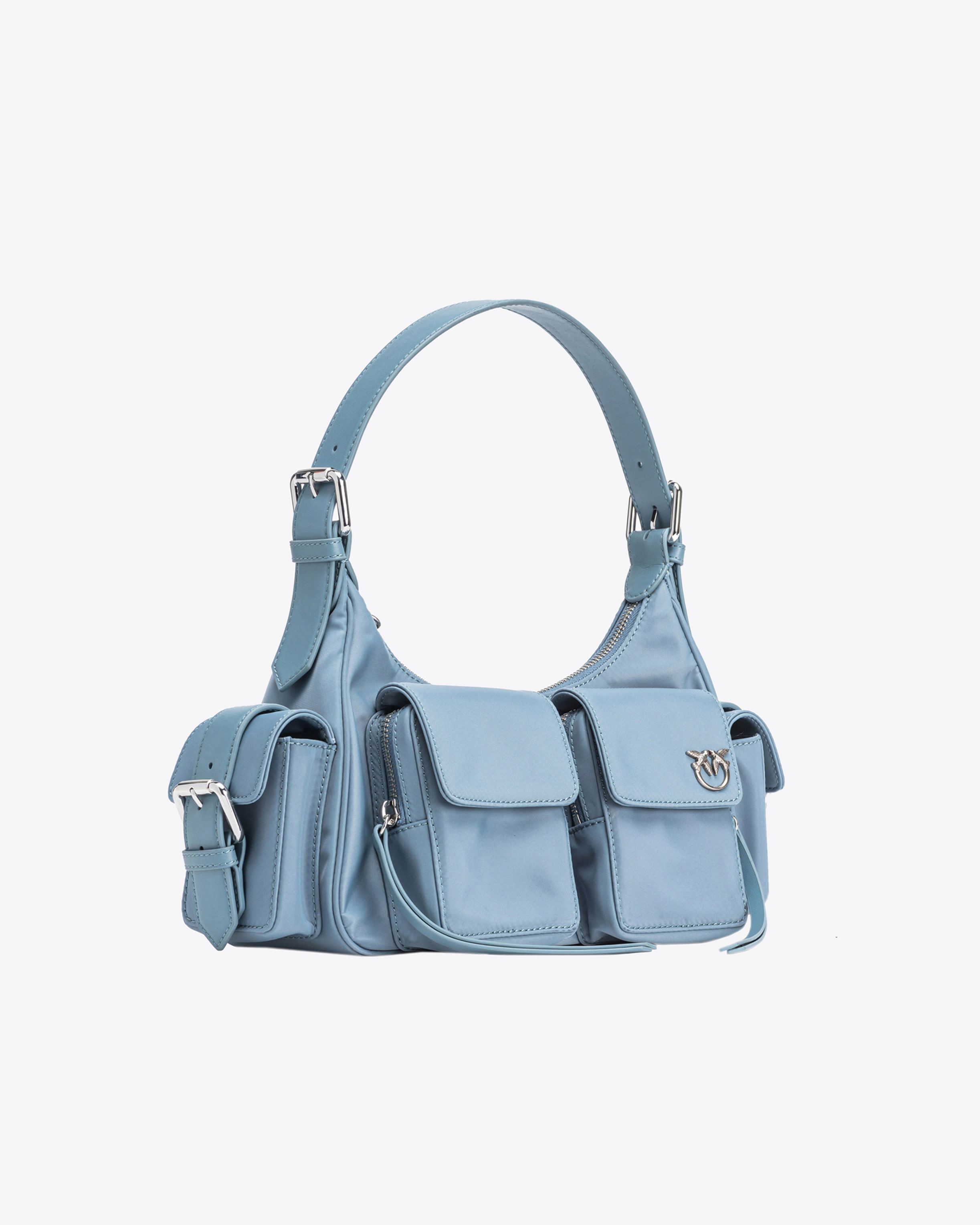 Shop Pinko Cargo Bag In Recycled Technical Fabric In Cool Blue-shiny Nickel