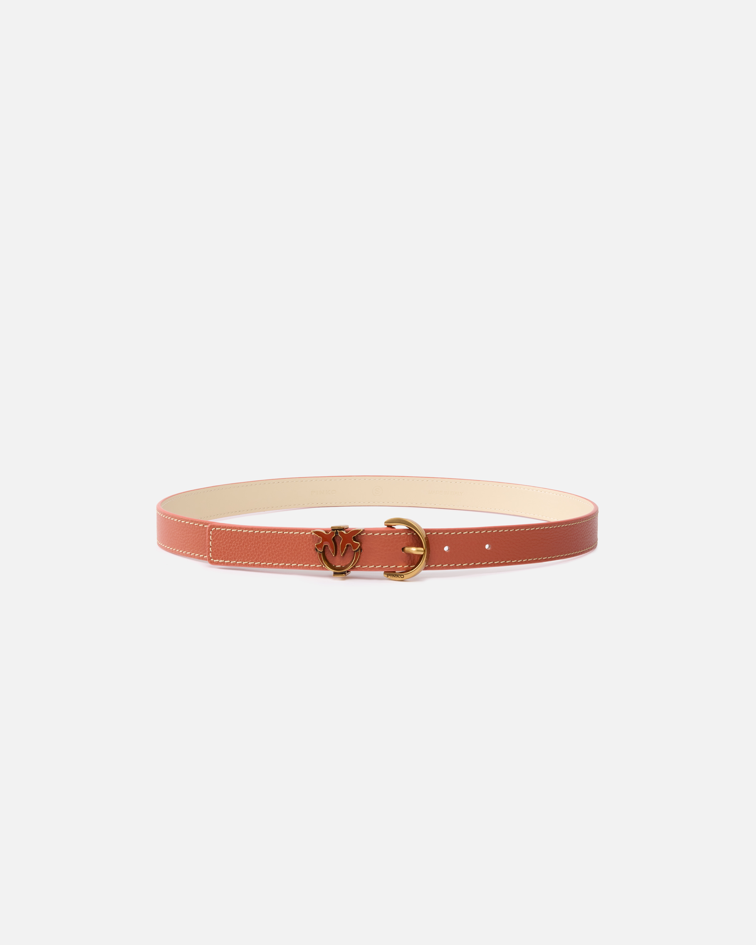 Pinko Tumbled Leather Belt With Love Birds Detail In Arab-antique Gold
