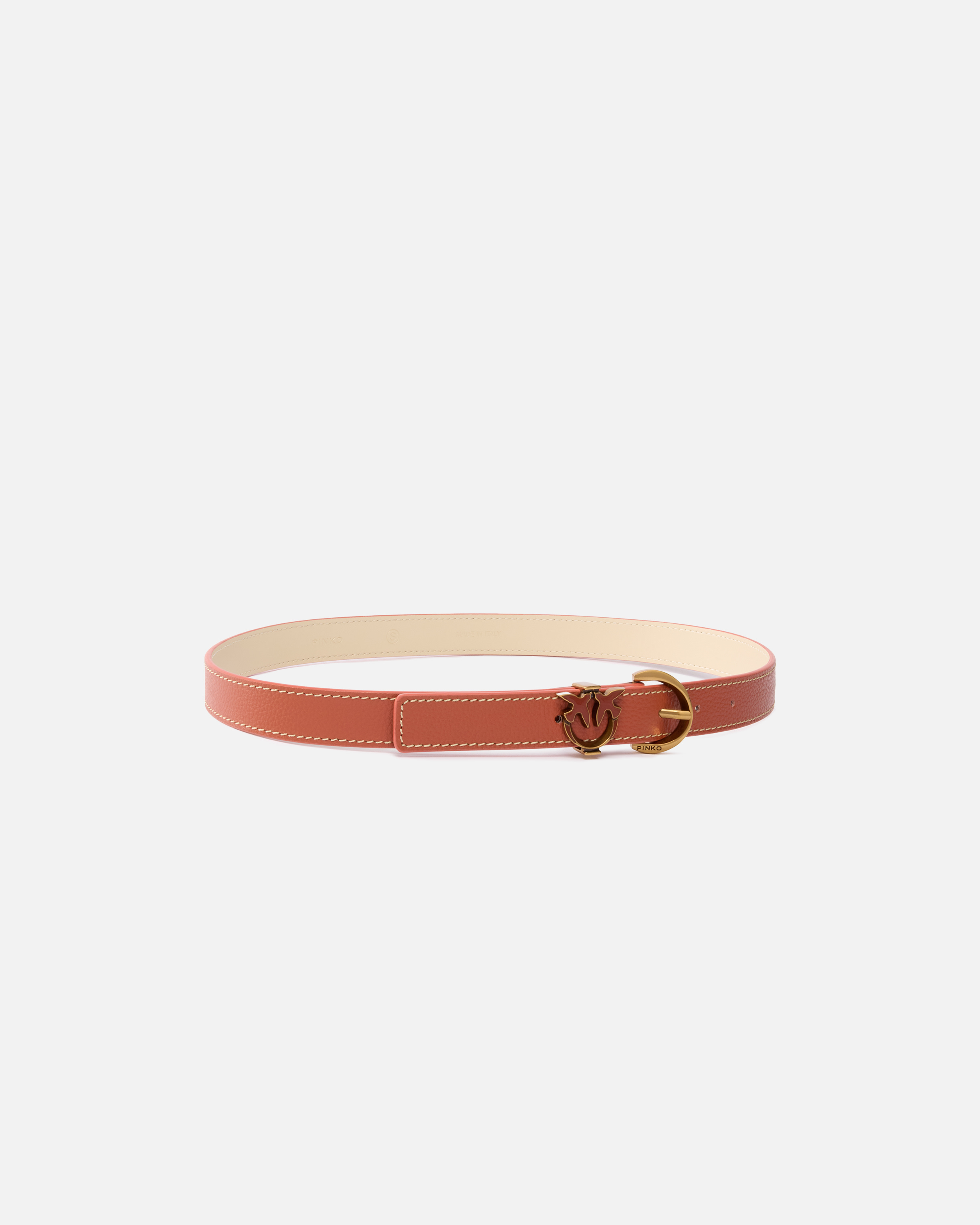 Pinko Tumbled Leather Belt With Love Birds Detail In Arab-antique Gold