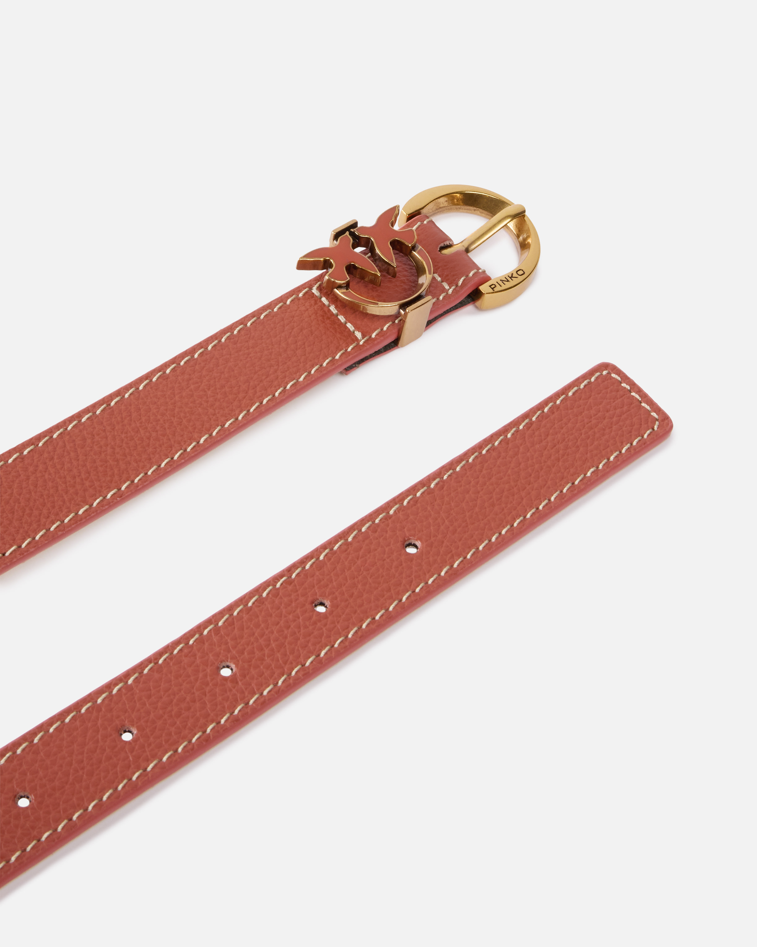 Pinko Tumbled Leather Belt With Love Birds Detail In Arab-antique Gold