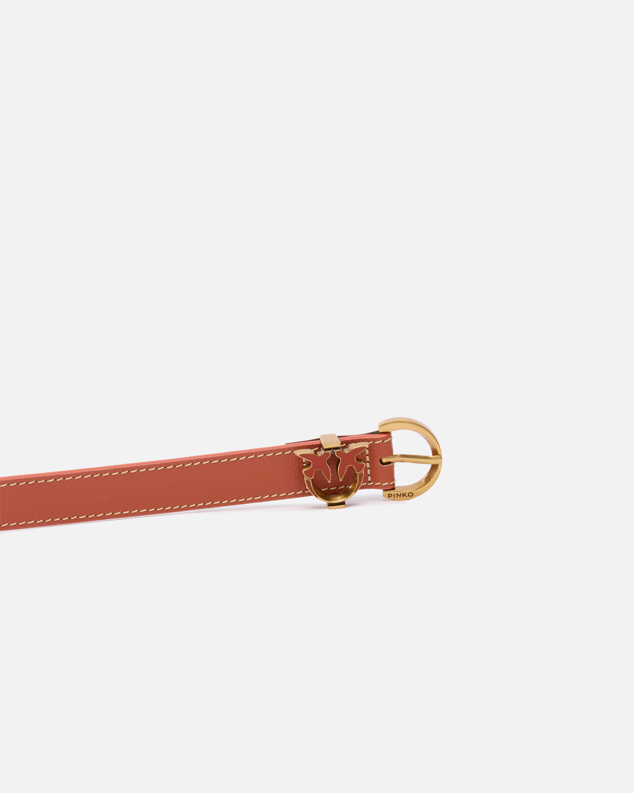 Pinko Tumbled Leather Belt With Love Birds Detail In Arab-antique Gold