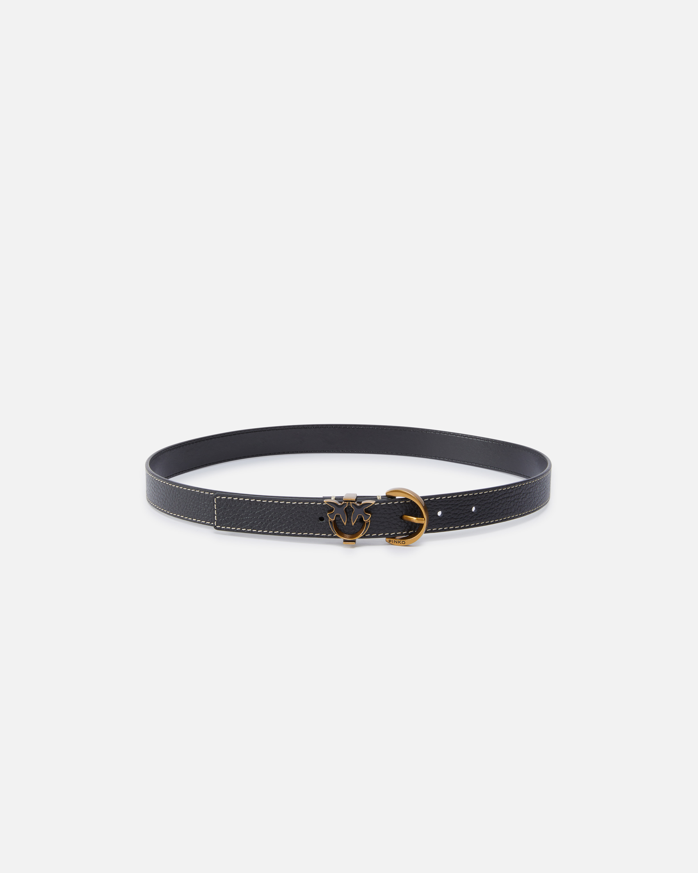 Pinko Tumbled Leather Belt With Love Birds Detail In Black-antique Gold