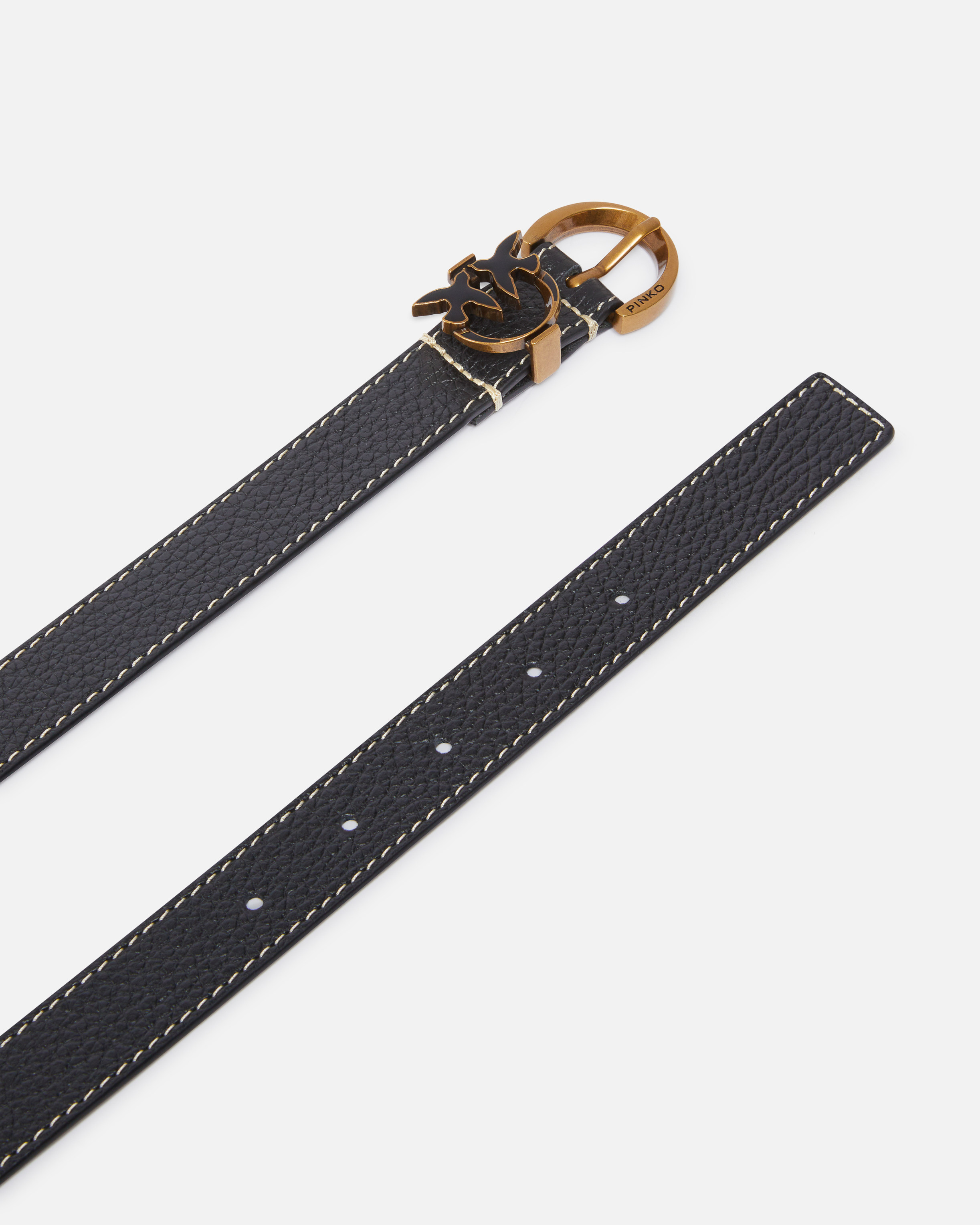 Pinko Tumbled Leather Belt With Love Birds Detail In Black-antique Gold