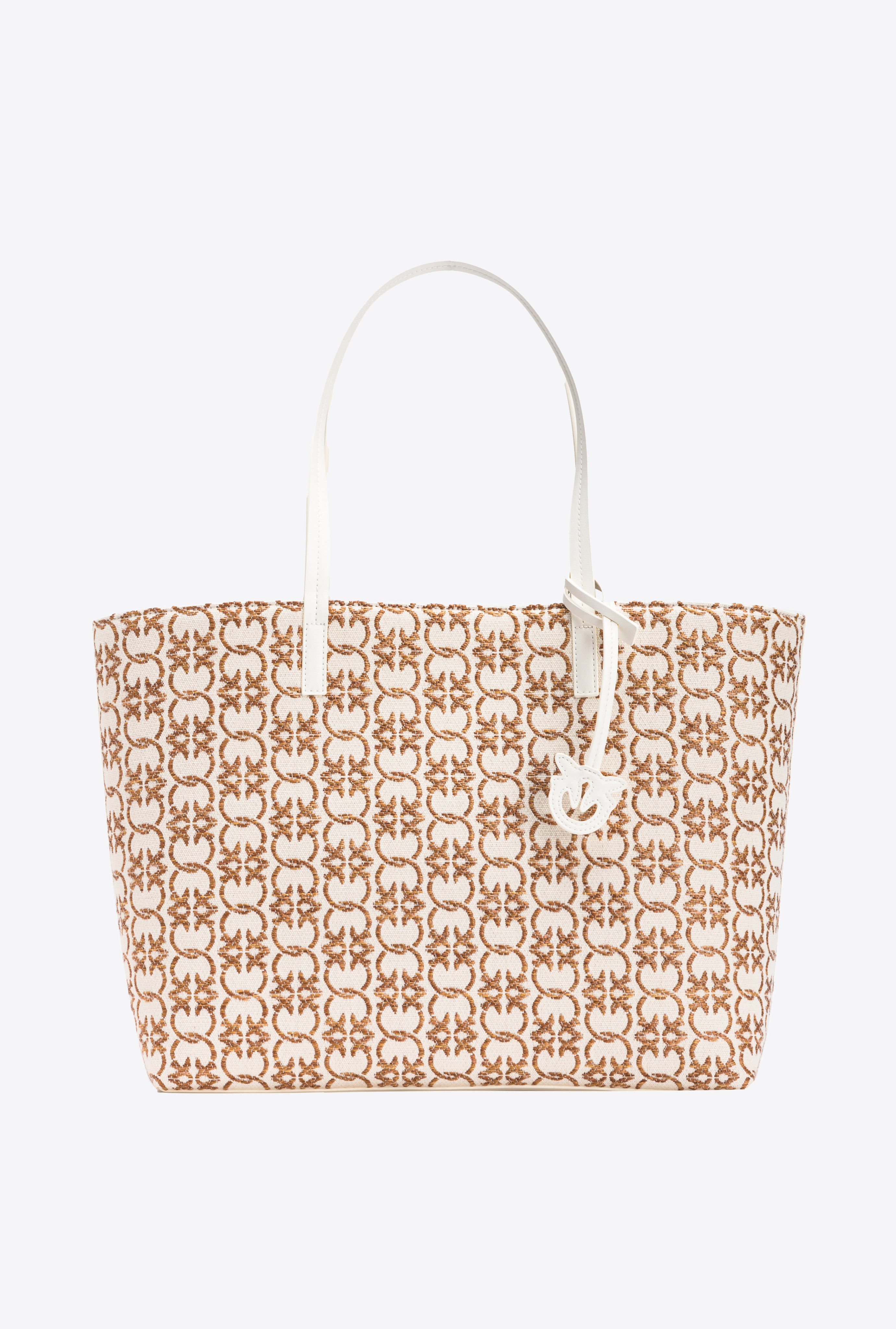 Shop Pinko Big Shopper Bag In Monogram Raffia In Beige/marron-or Antique
