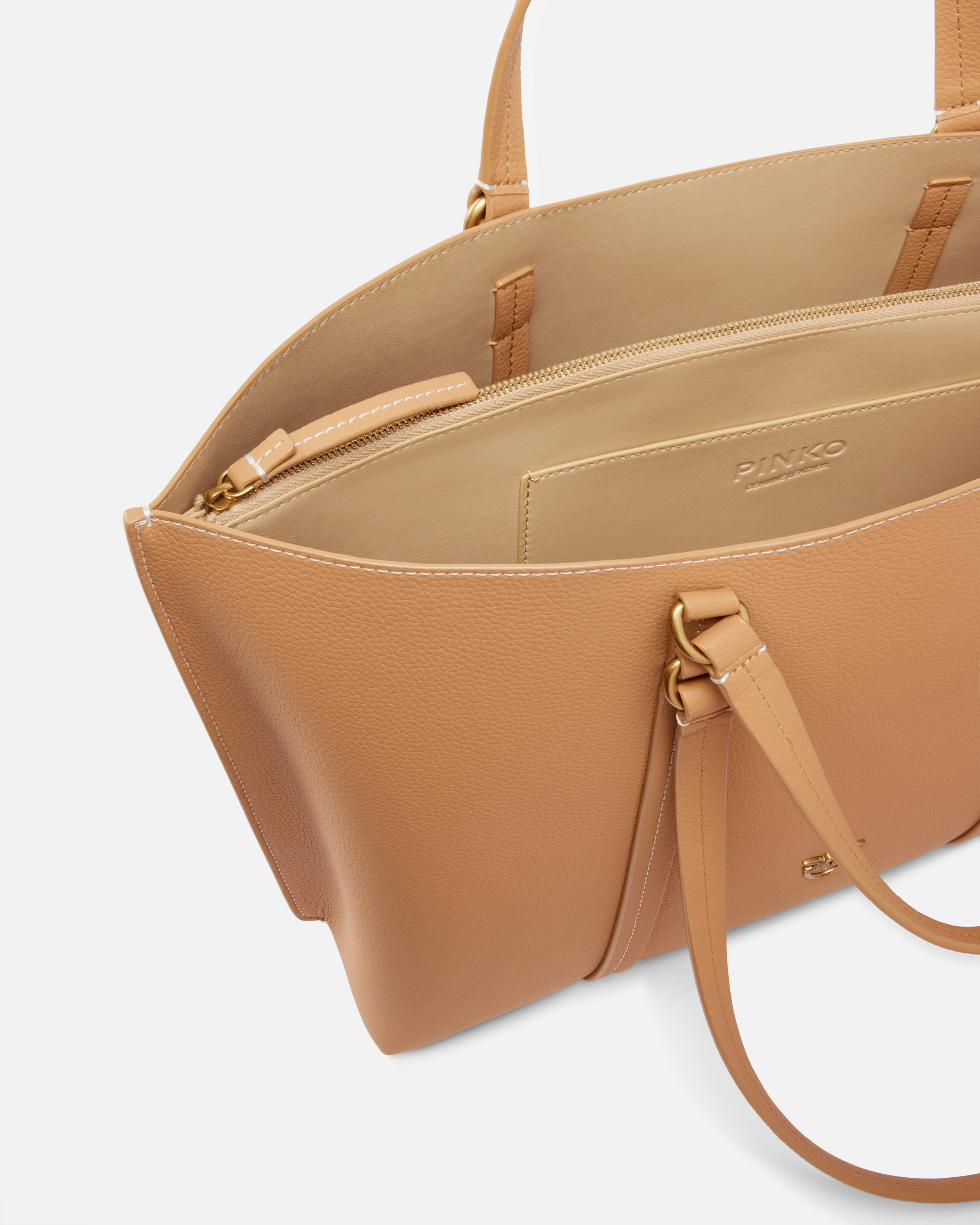 Pinko Large Leather Shopper Bag In Nougat-antique Gold