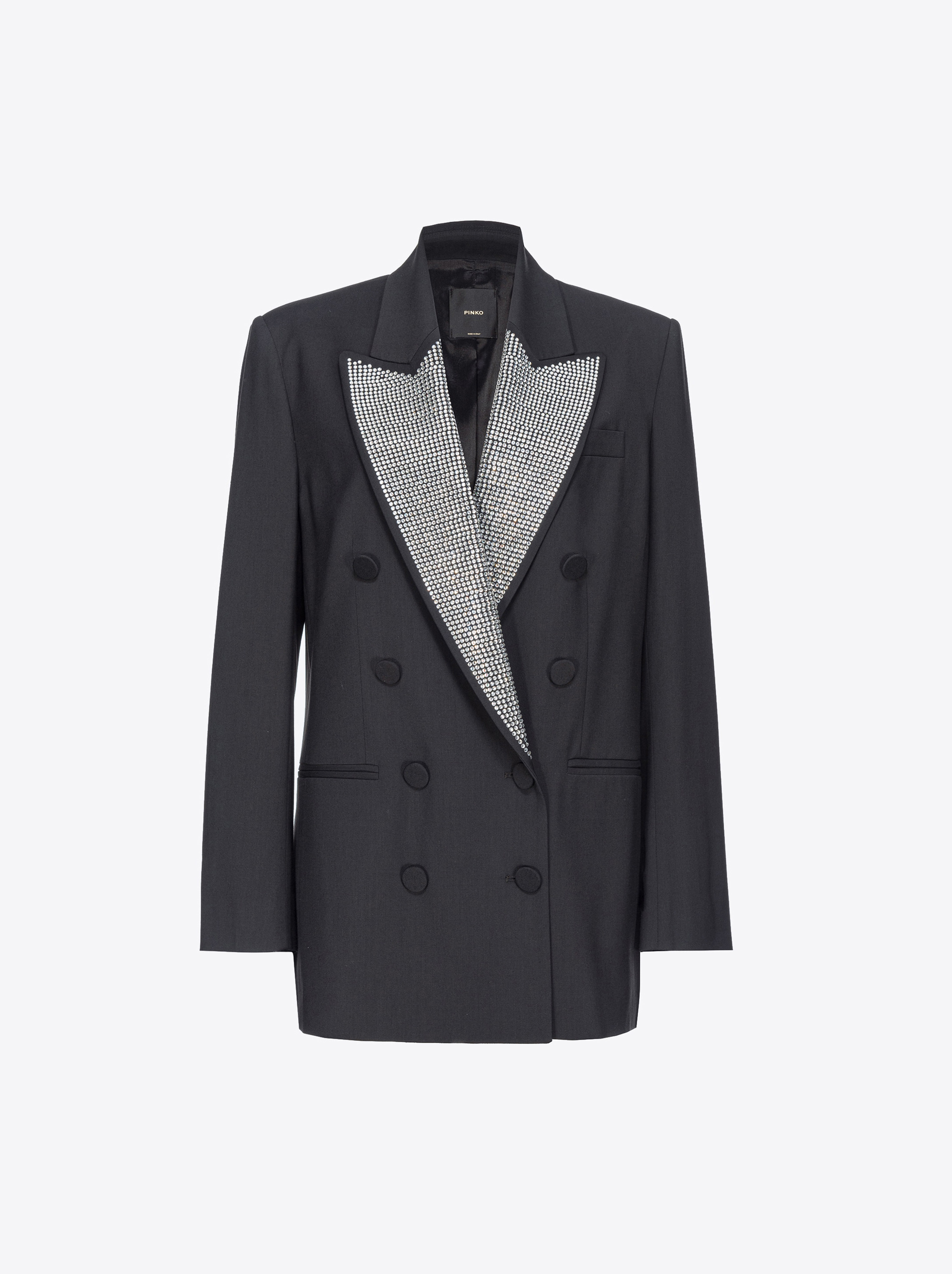 Pinko Double-breasted Blazer With Rhinestoned Lapels In Limo Black