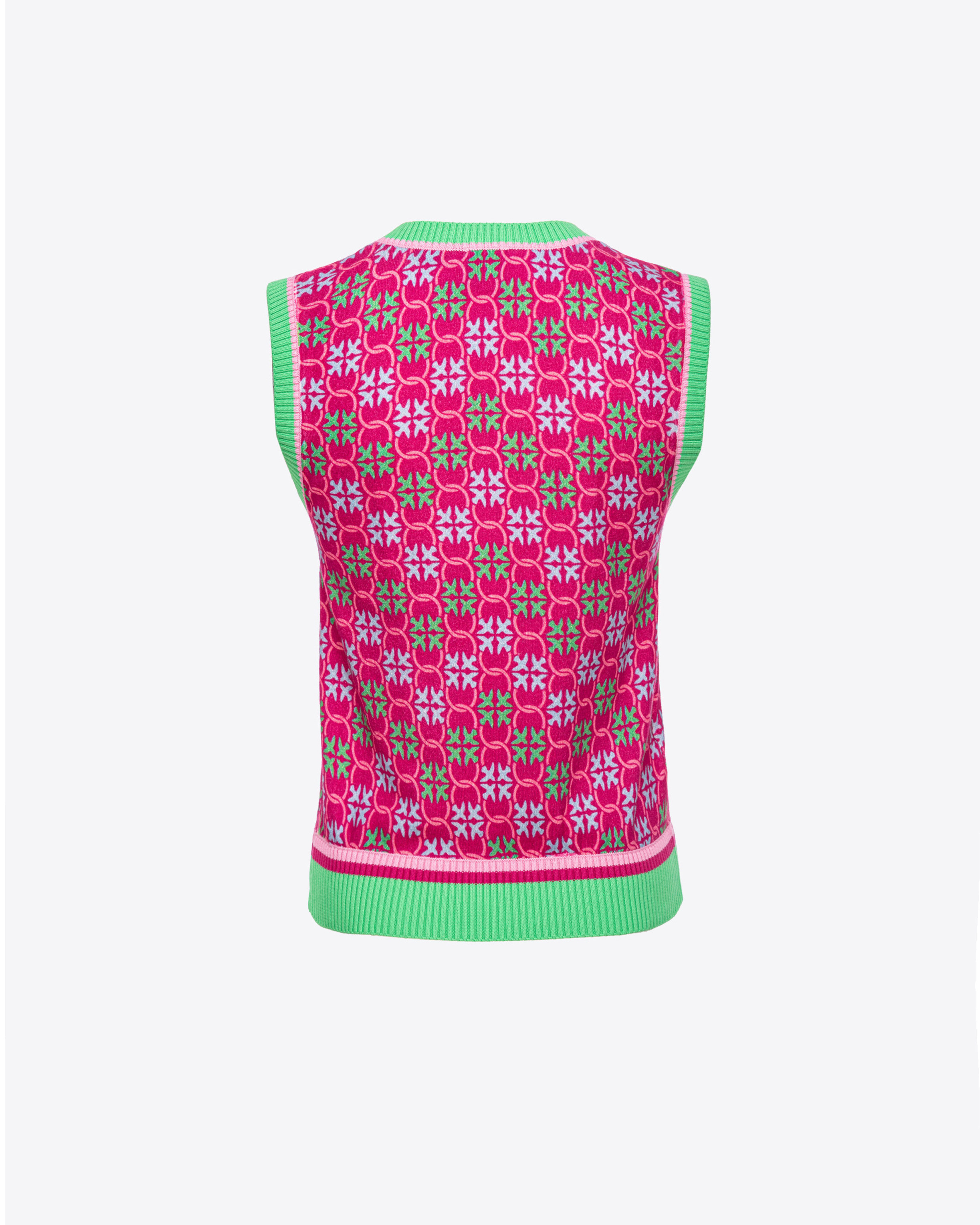 Shop Pinko Sleeveless Knit Top With Multicolour Monogram In Multicolore Fuchsia/vert