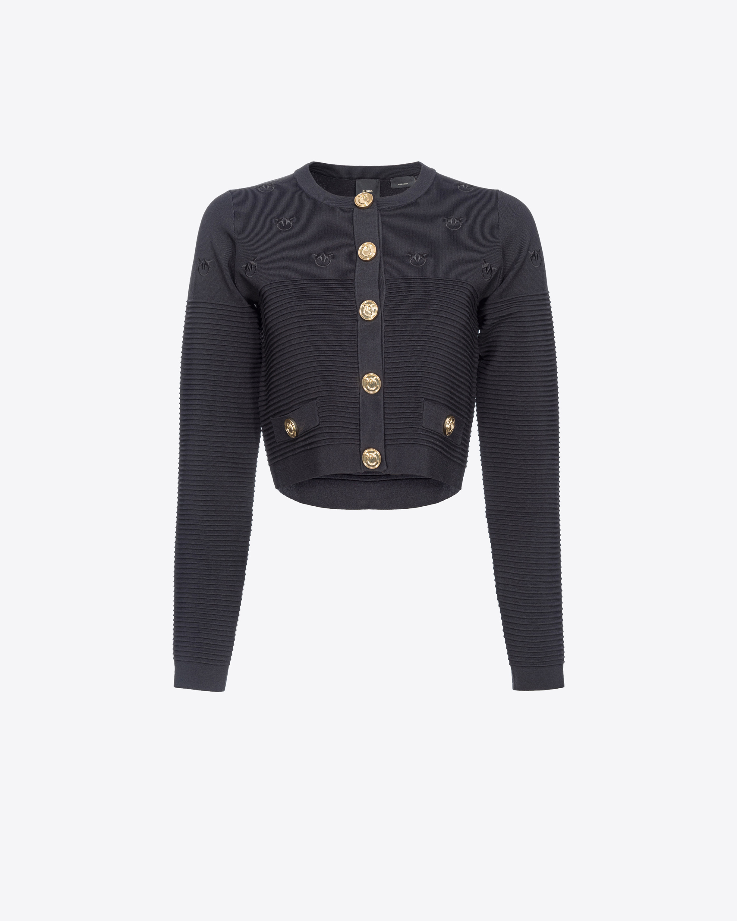 Pinko Cropped Jacquard Love Birds Cardigan In Noir Limousine