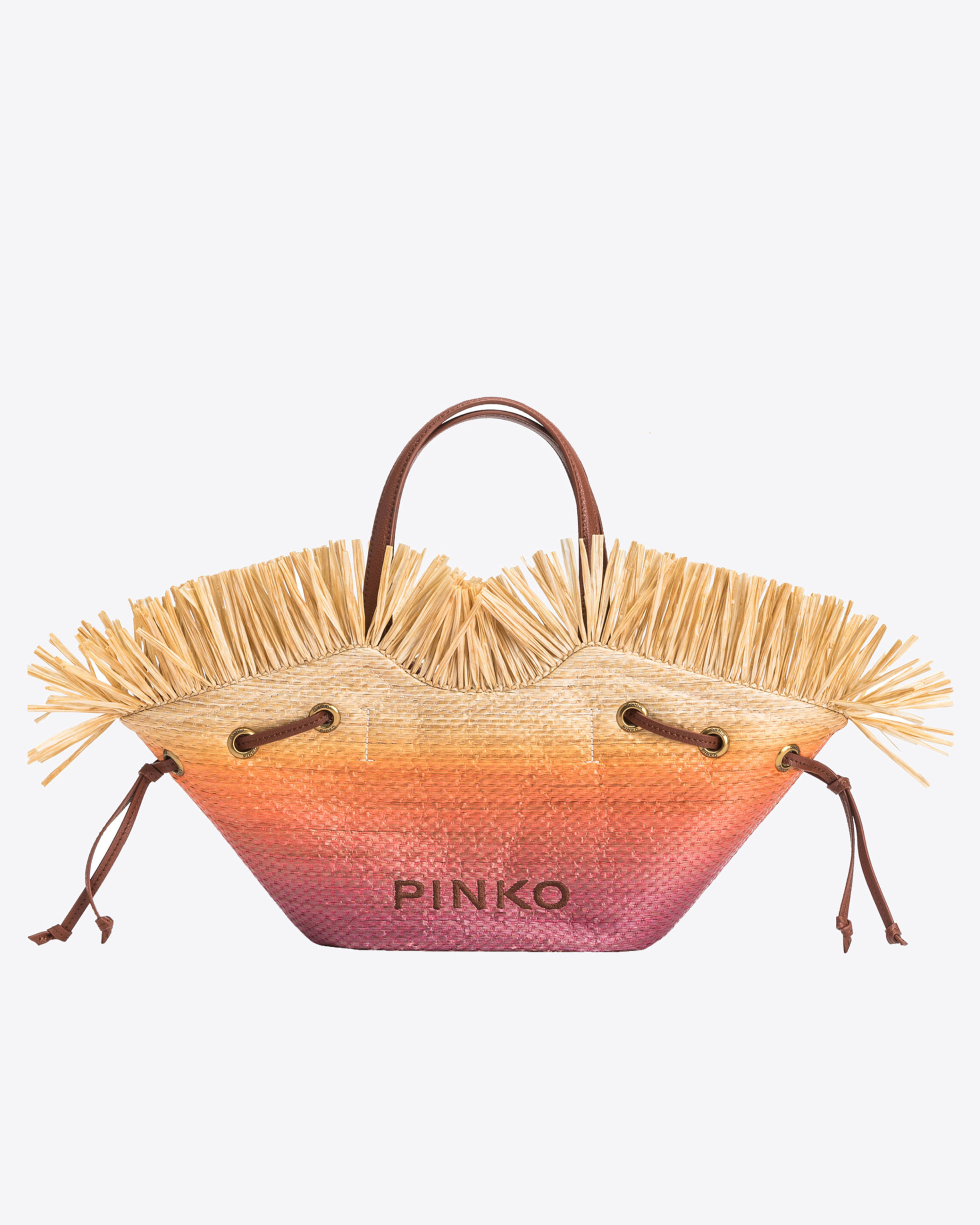 Pinko Small Pagoda Shopper Bag In Faded Raffia In Fuchsia/orange/natural
